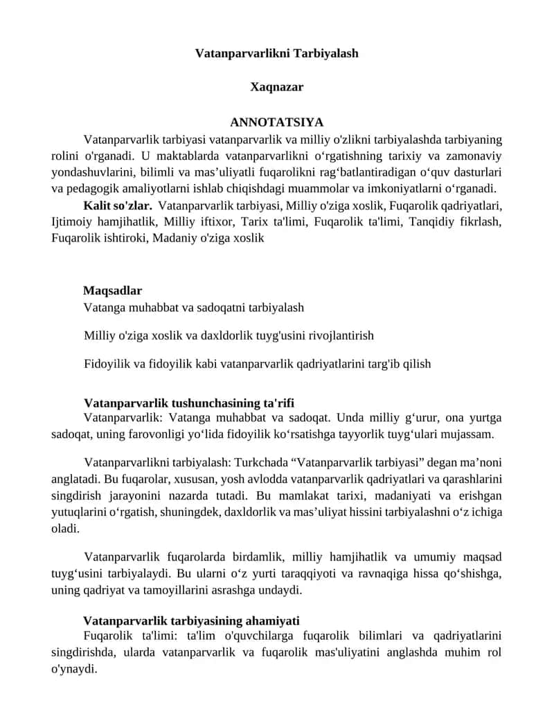 Vatanparvarlikni Tarbiyalash