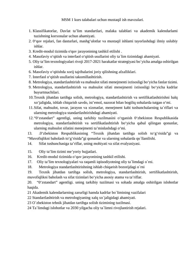 MSM 1 kurs talabalari uchun mustaqil ish mavzulari