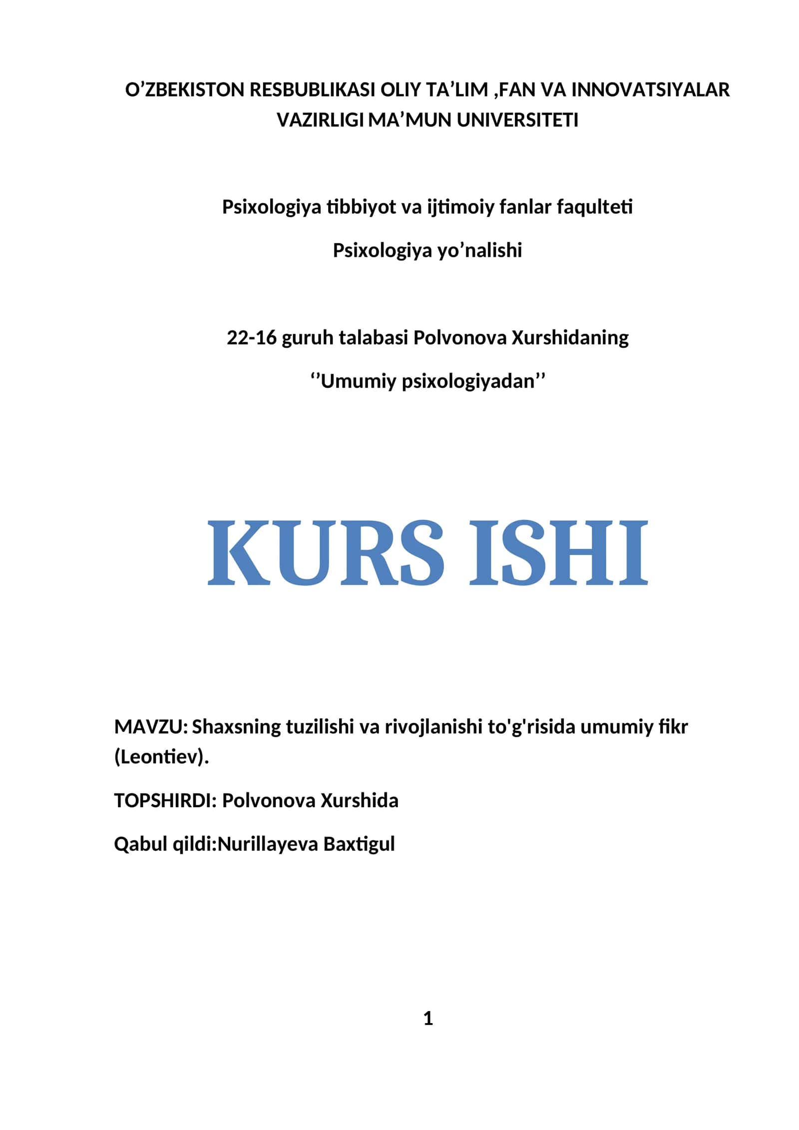 Shaxsning tuzilishi va rivojlanishi to'g'risida umumiy fikr (Leontiev)