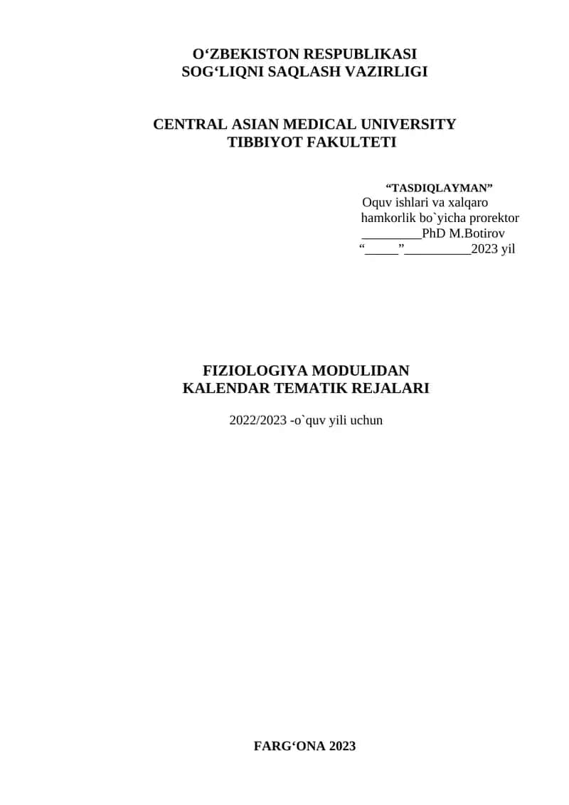 FIZIOLOGIYA MODULIDAN KALENDAR TEMATIK REJALARI