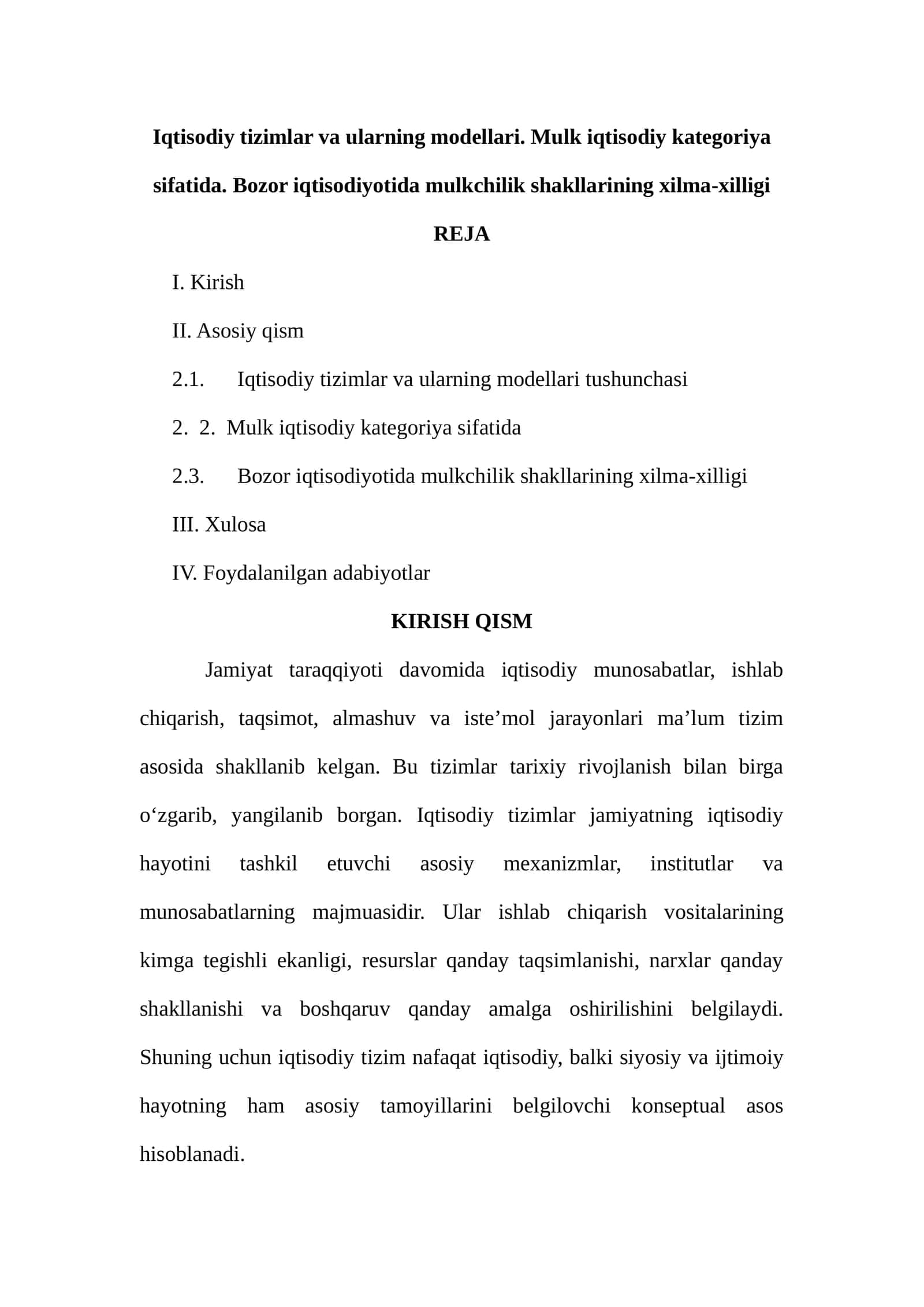 Iqtisodiy tizimlar va ularning modellari