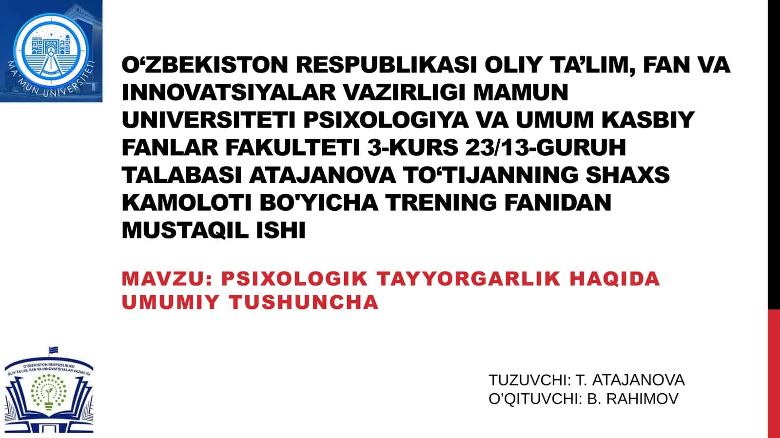 PSIXOLOGIK TAYYORGARLIK HAQIDA UMUMIY TUSHUNCHA