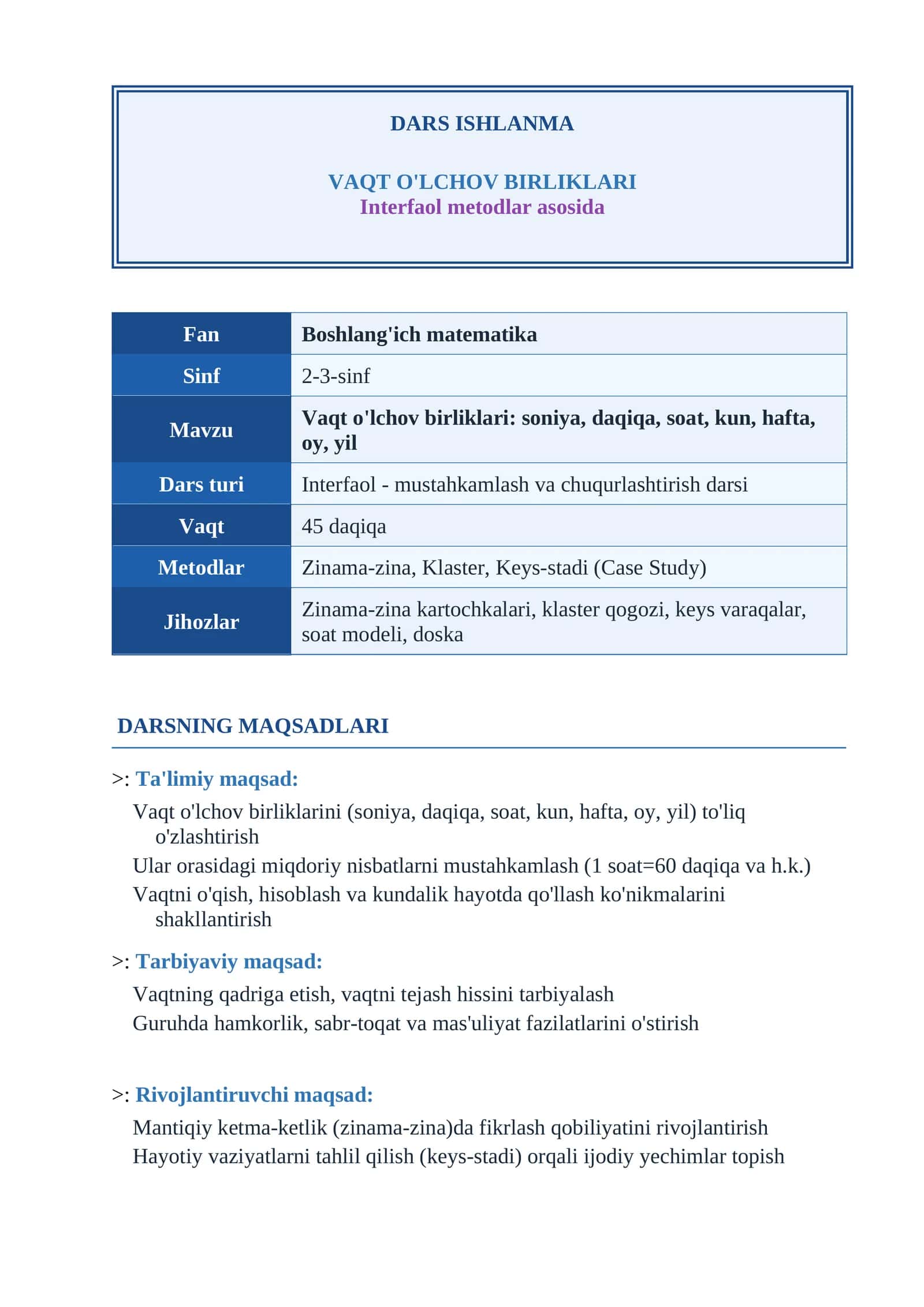 aqt o‘lchov birliklarini o‘rgatishda interfaol metodlardan foydalanish DARS ISHLANMA VAQT O'LCHOV BIRLIKLARI DARS ISHLANMA