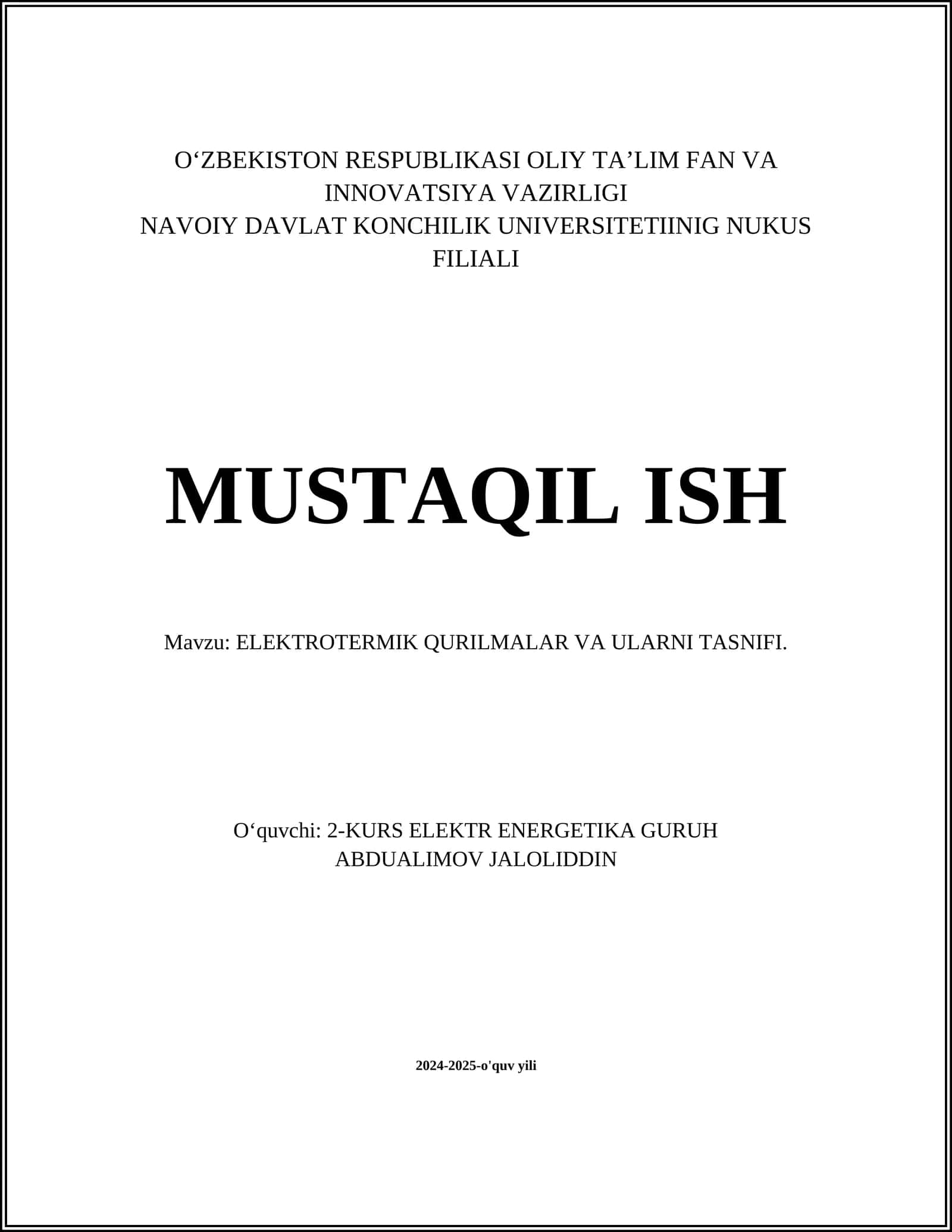 ELEKTROTERMIK QURILMALAR VA ULARNI TASNIFI