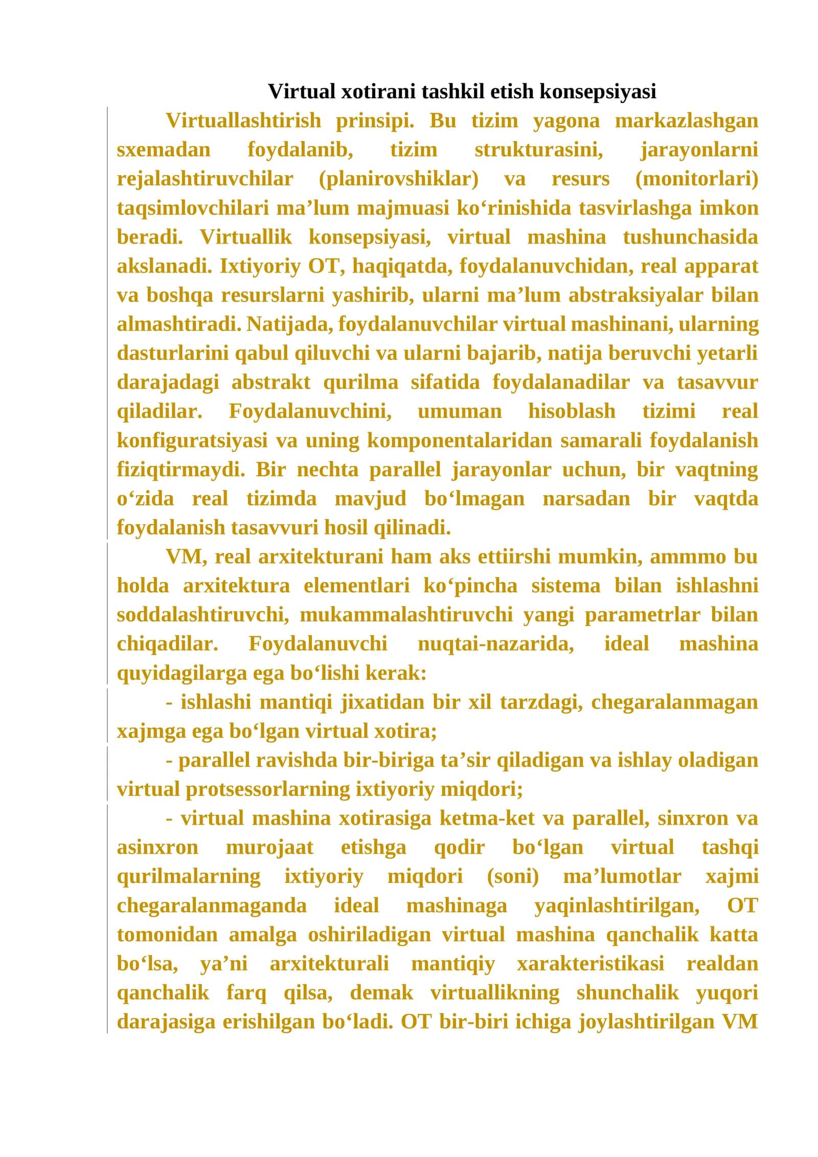 Virtual xotirani tashkil etish konsepsiyasi