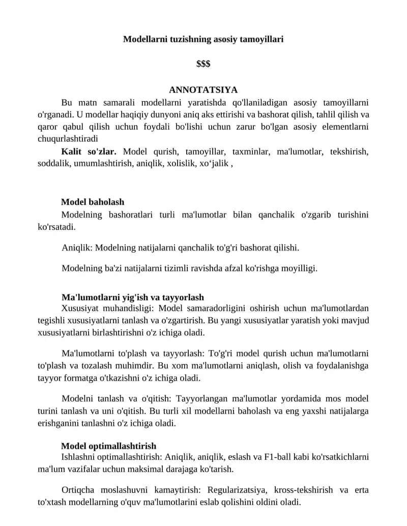 Modellarni tuzishning asosiy tamoyillari
