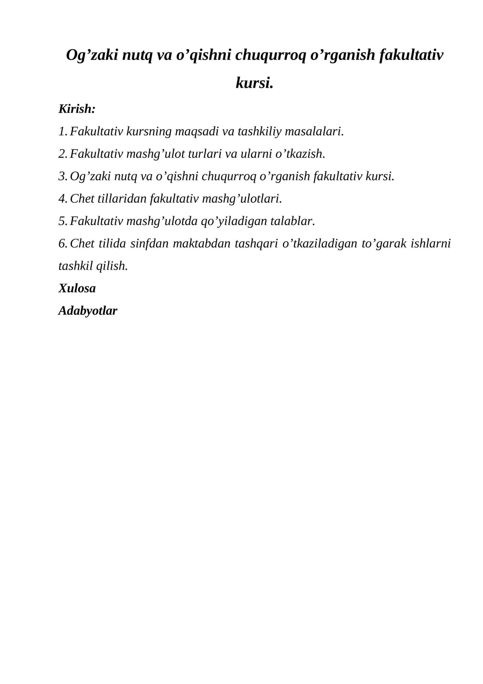 Og’zaki nutq va o’qishni chuqurroq o’rganish fakultativ kursi