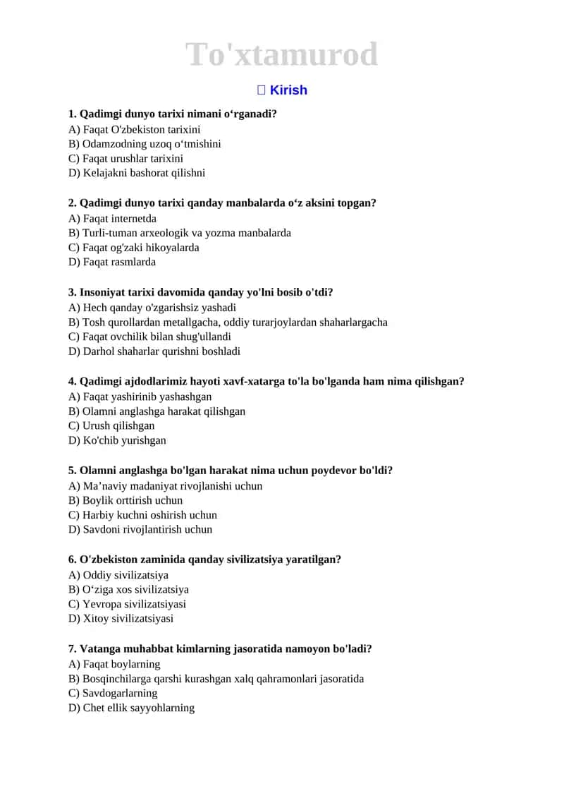 6 Qadimgi dunyo tarixi 2022 mavzulashtirilgan testlar
