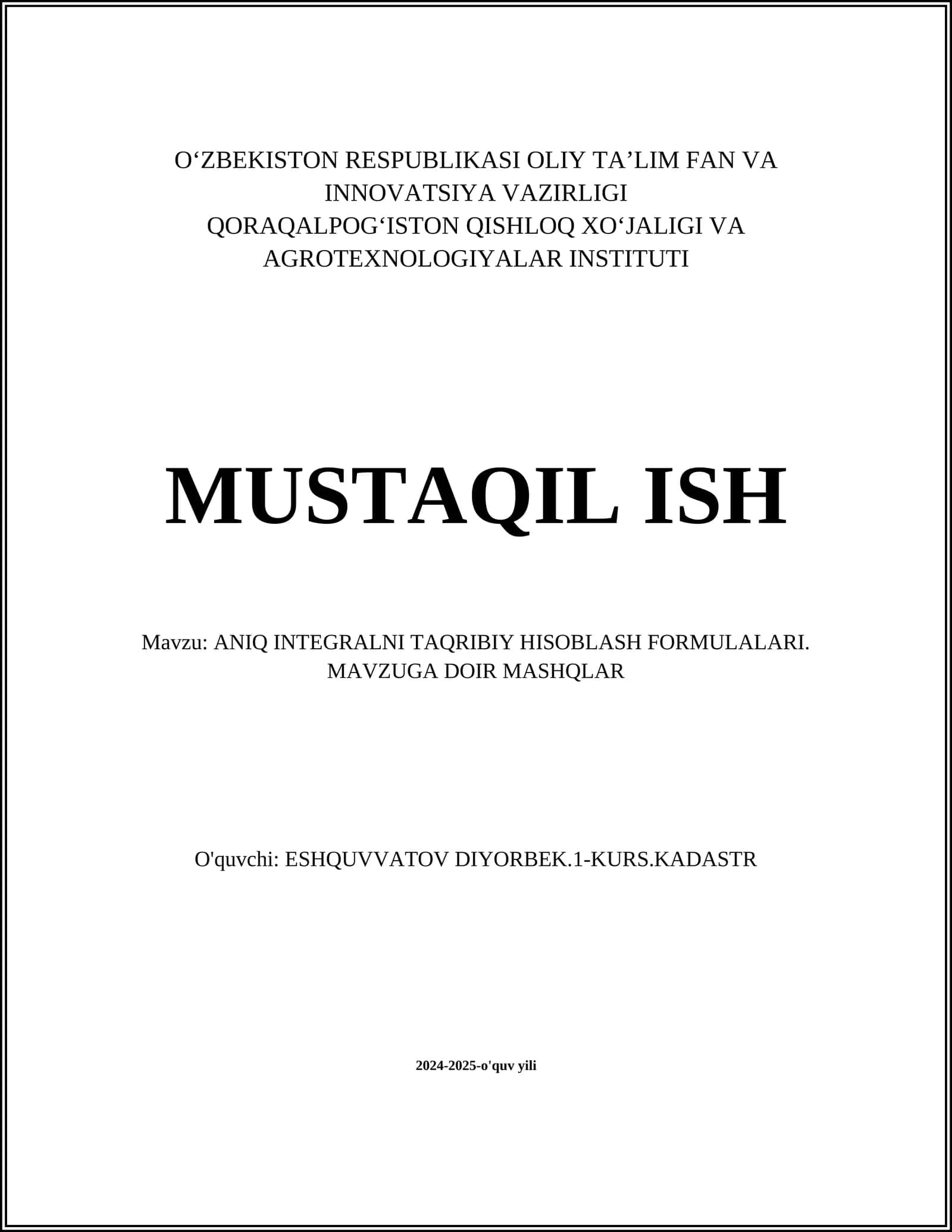 ANIQ INTEGRALNI TAQRIBIY HISOBLASH FORMULALARI