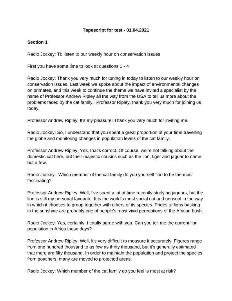 Tapescript for test - 01.04.2021