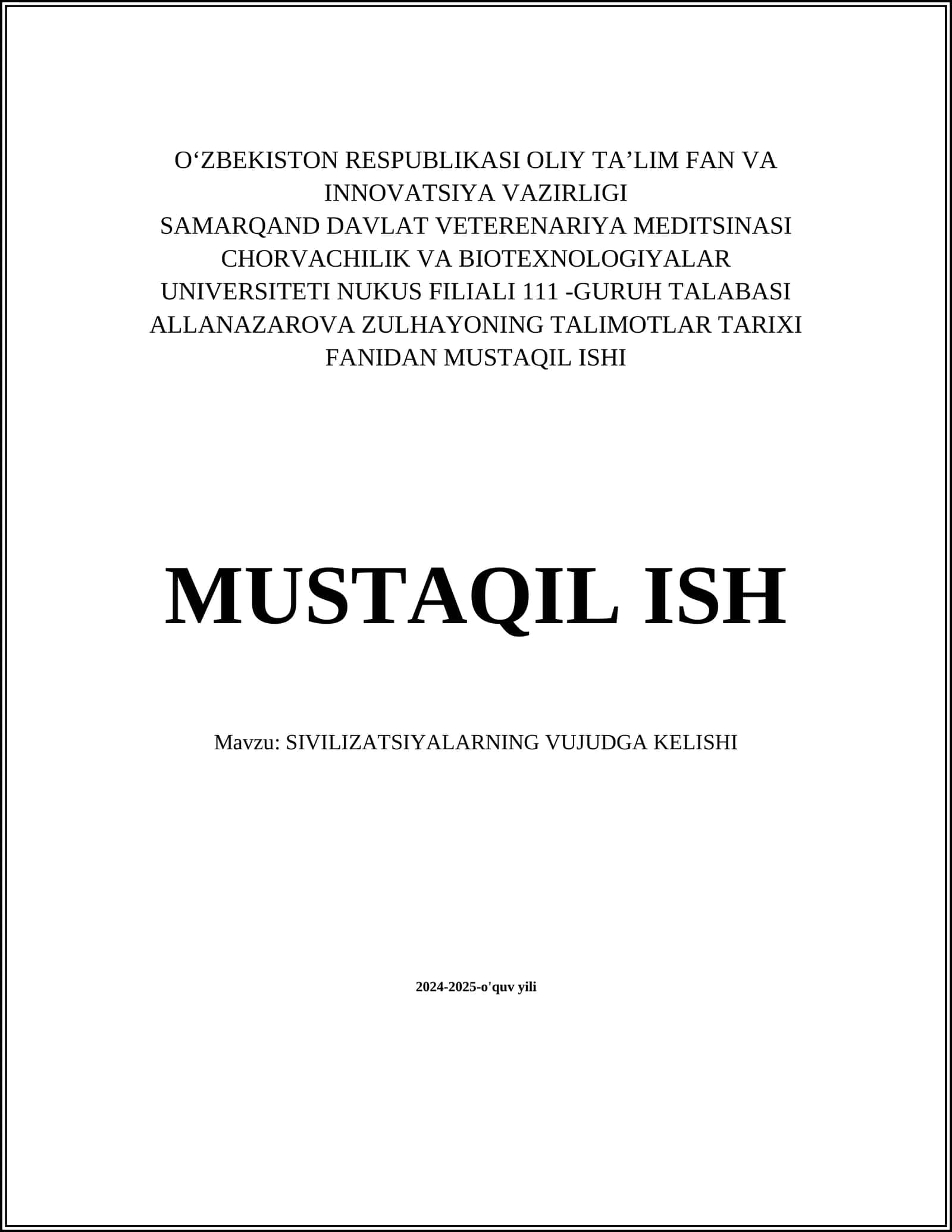 SIVILIZATSIYALARNING VUJUDGA KELISHI