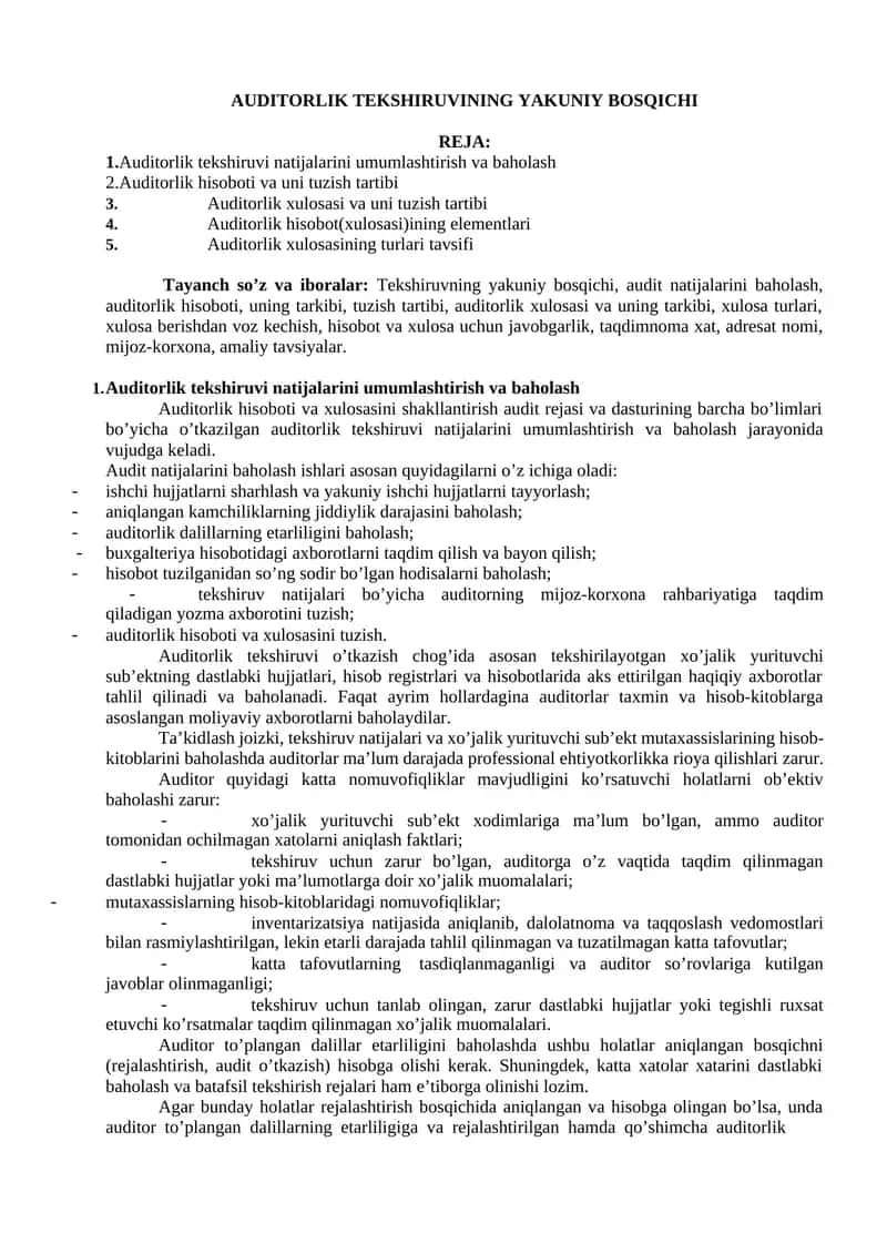 AUDITORLIK TEKSHIRUVINING YAKUNIY BOSQICHI