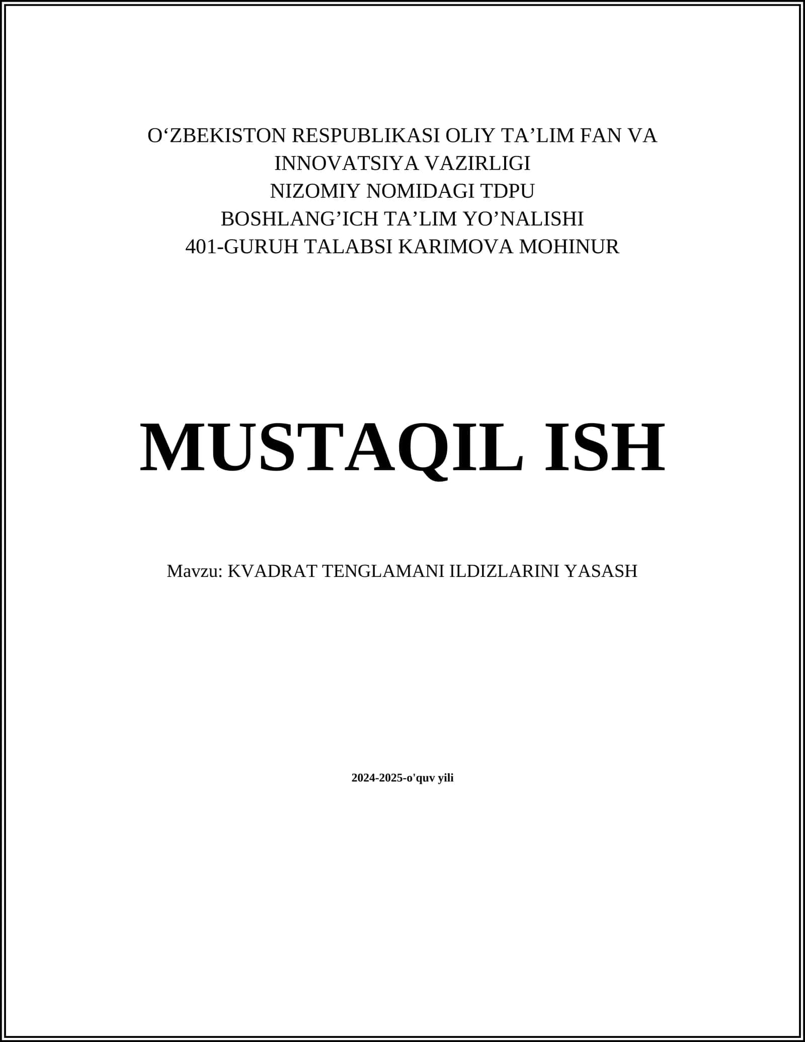 KVADRAT TENGLAMANI ILDIZLARINI YASASH