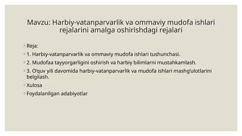 Harbiy-vatanparvarlik va ommaviy mudofa ishlari rejalarini amalga oshirishdagi rejalari