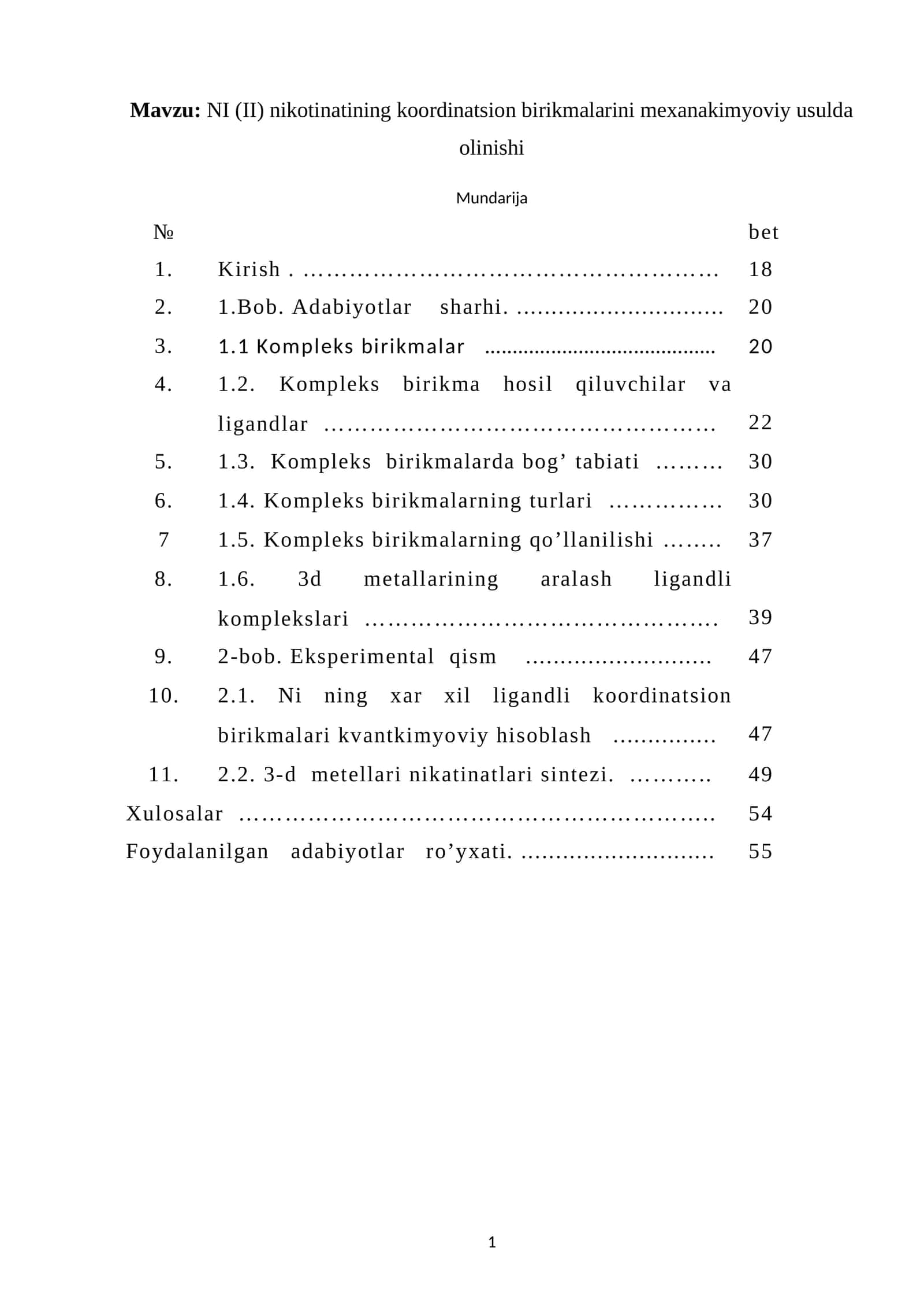 NI (II) nikotinatining koordinatsion birikmalarini mexanakimyoviy usulda olinishi
