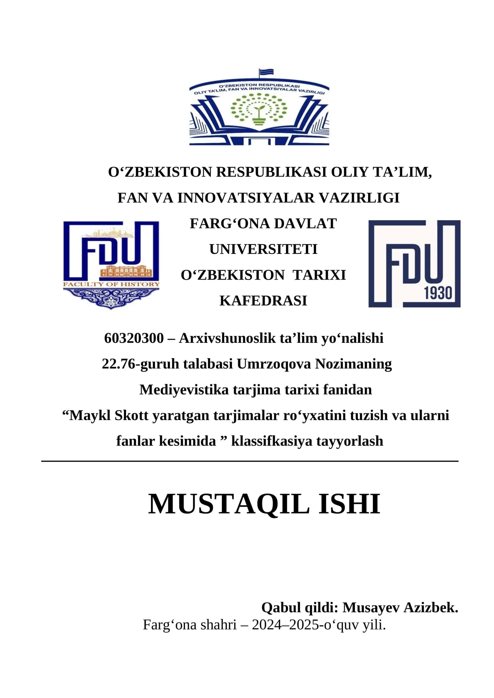 Maykl Skott yaratgan tarjimalar ro‘yxatini tuzish va ularni fanlar kesimida klassifikasiya tayyorlash