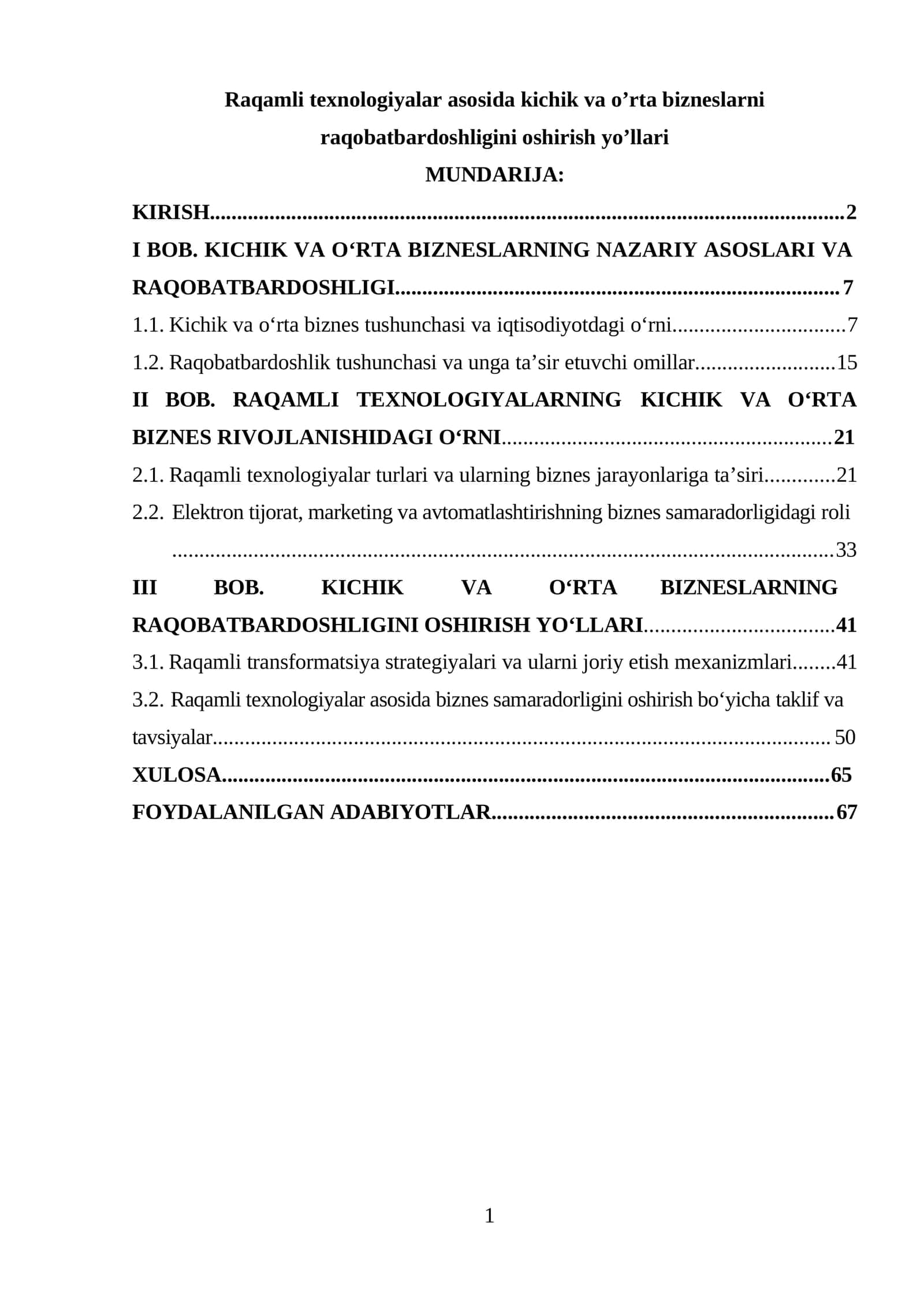 Raqamli texnologiyalar asosida kichik va o’rta bizneslarni raqobatbardoshligini oshirish yo’llari