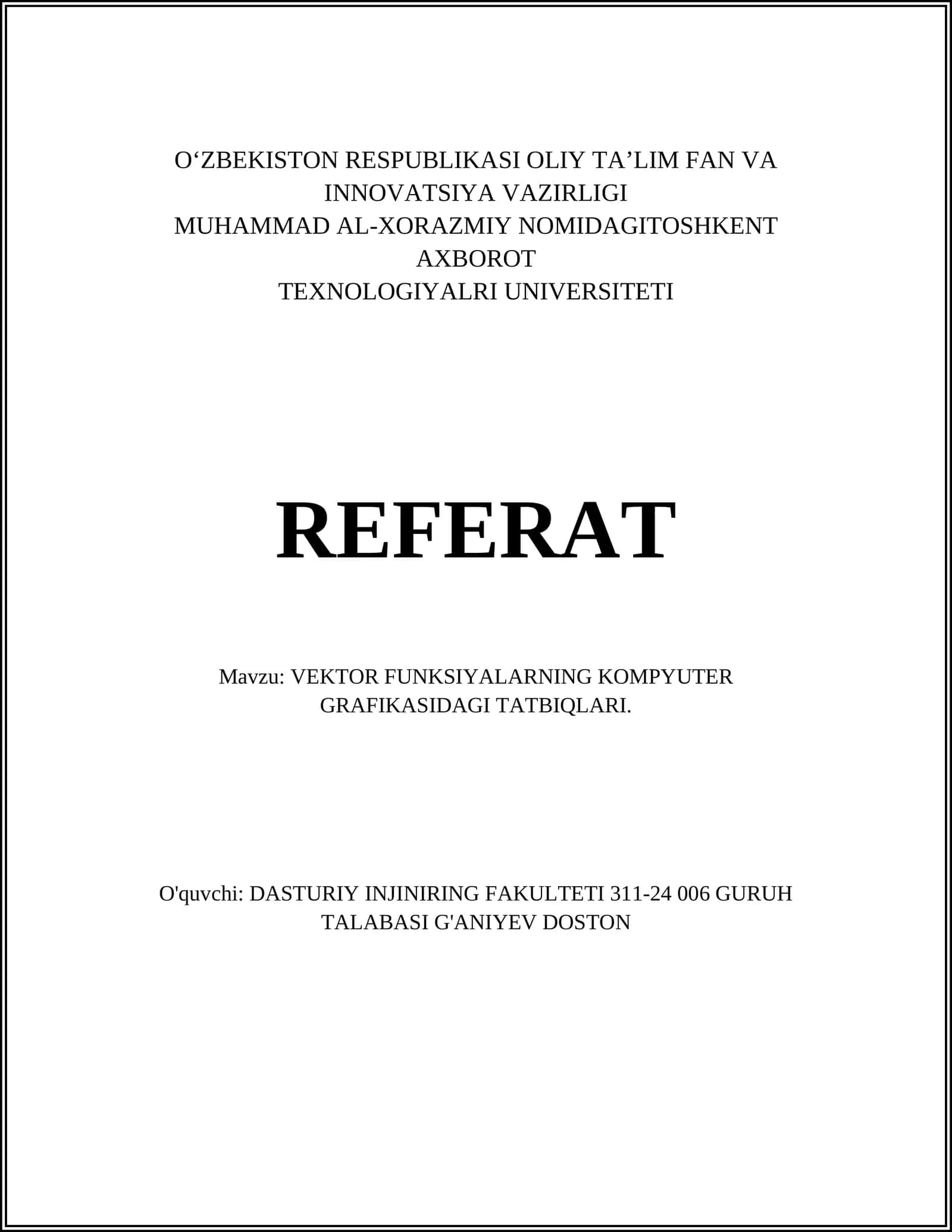 VEKTOR FUNKSIYALARNING KOMPYUTER GRAFIKASIDAGI TATBIQLARI