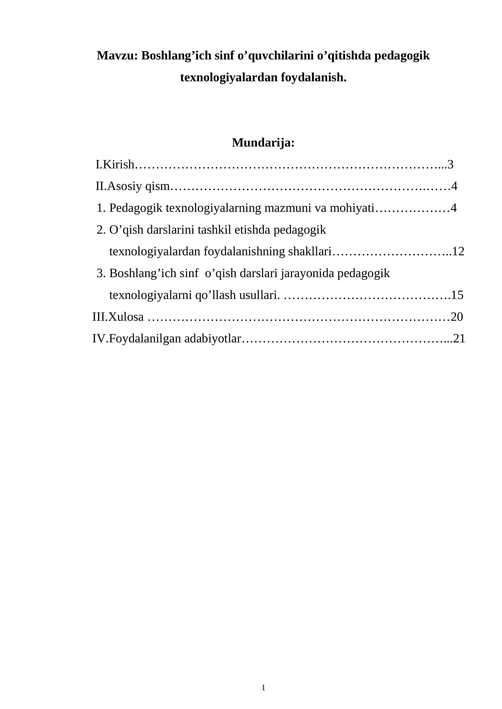 Boshlang’ich sinf o’quvchilarini o’qitishda pedagogik texnologiyalardan foydalanish
