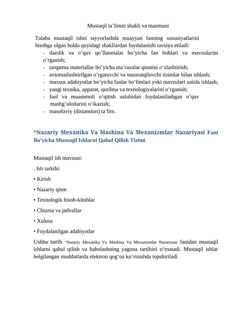 Nazariy Mexanika Va Mashina Va Mexanizmlar Nazariyasi Fani Bo‘yicha Mustaqil Ishlarni Qabul Qilish Tizimi