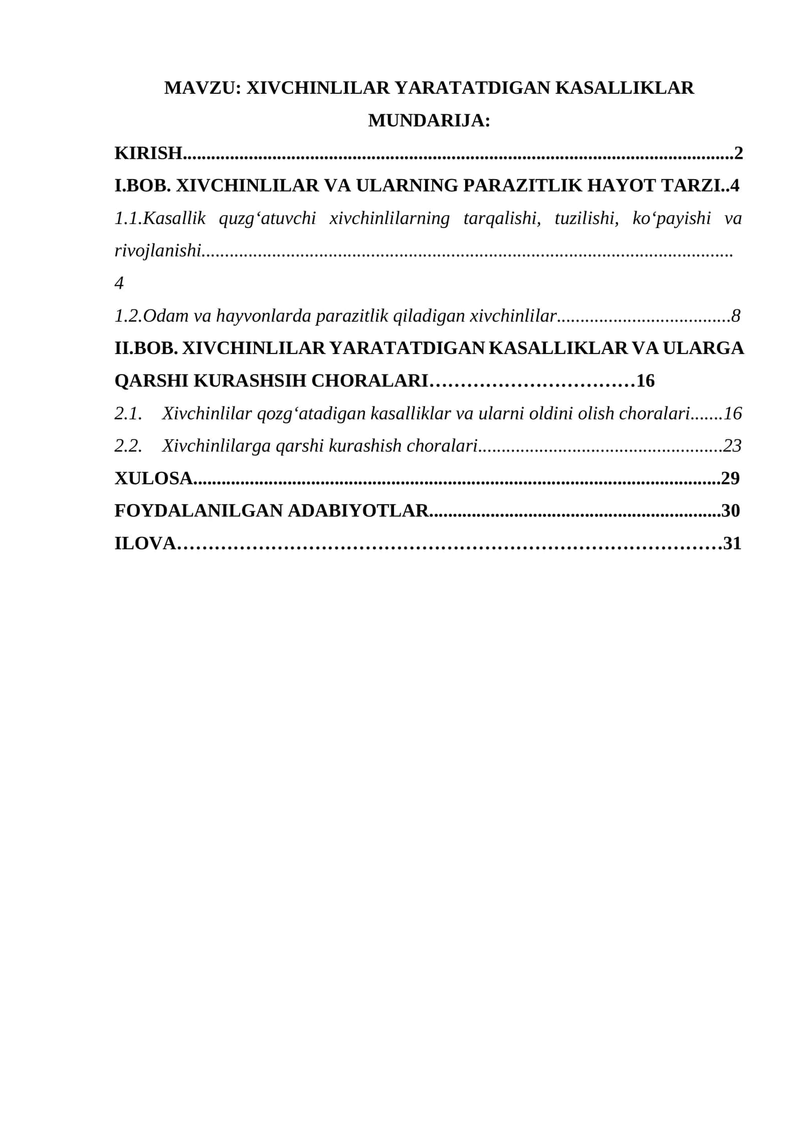 XIVCHINLILAR YARATATDIGAN KASALLIKLAR