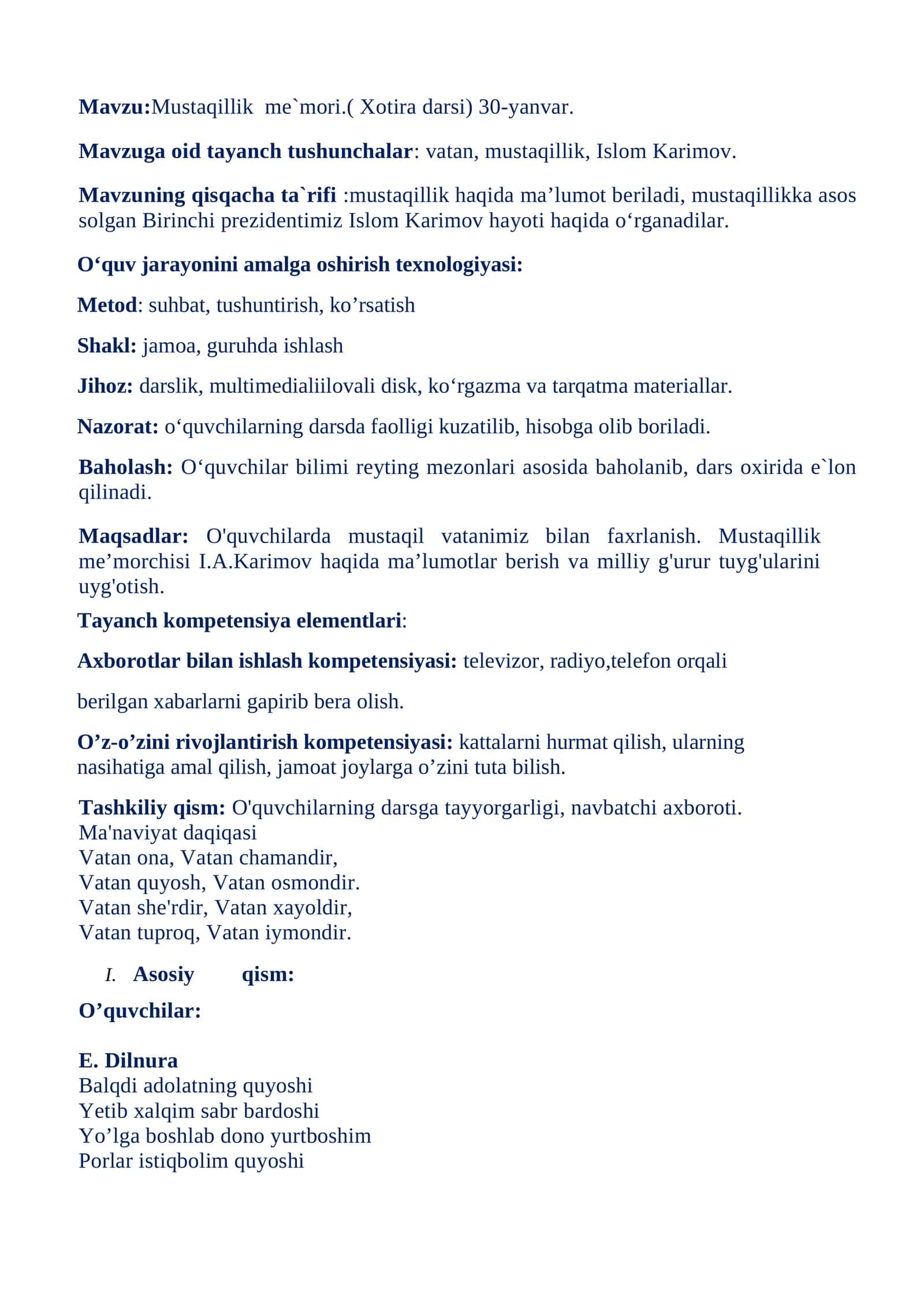 Mustaqillik me`mori.( Xotira darsi) 30-yanvar