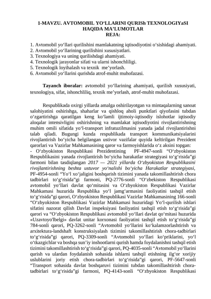 MAVZU. AVTOMOBIL YO‘LLARINI QURISh TEXNOLOGIYaSI HAQIDA MA’LUMOTLAR