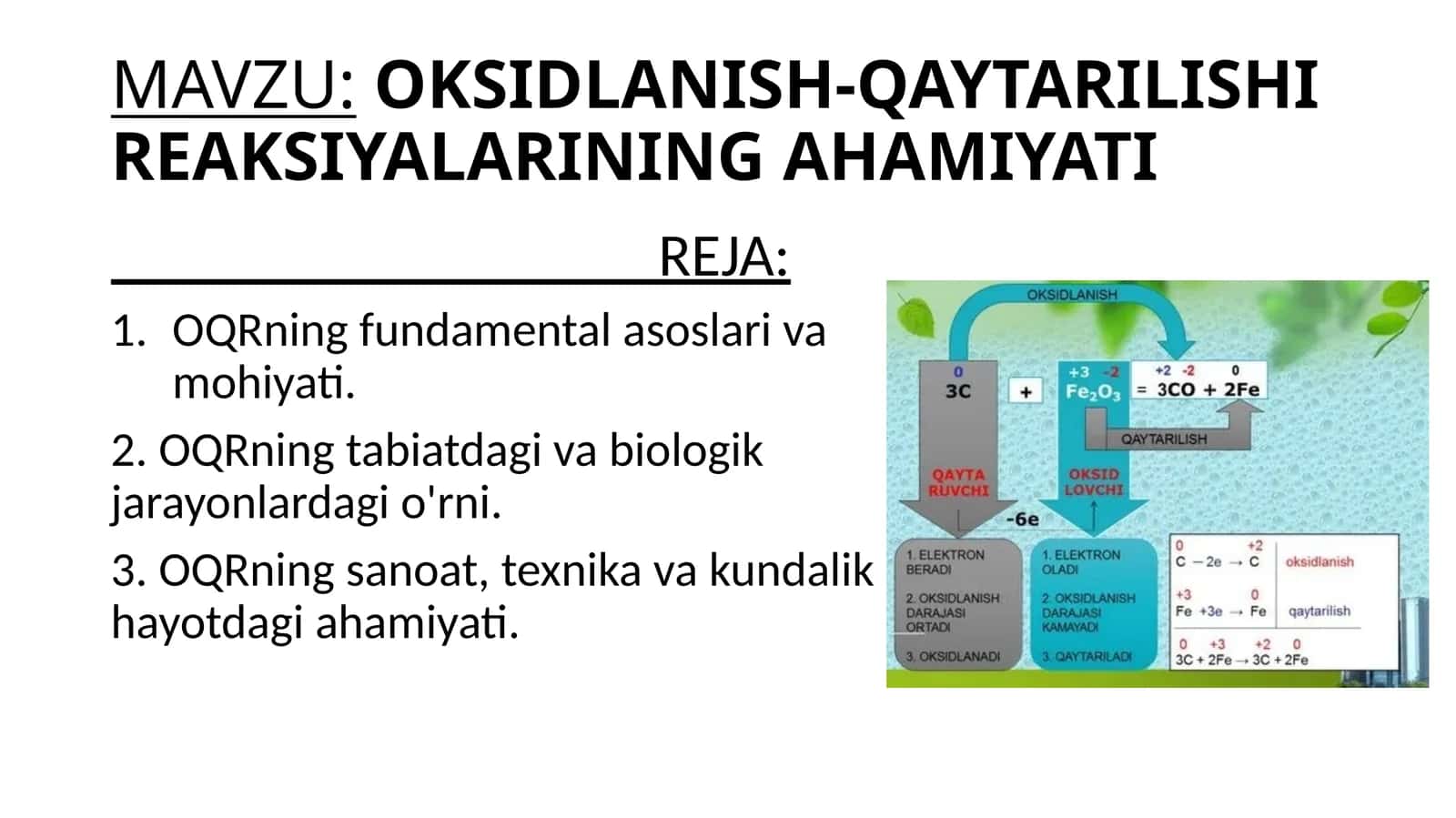 OKSIDLANISH-QAYTARILISHI REAKSIYALARINING AHAMIYATI