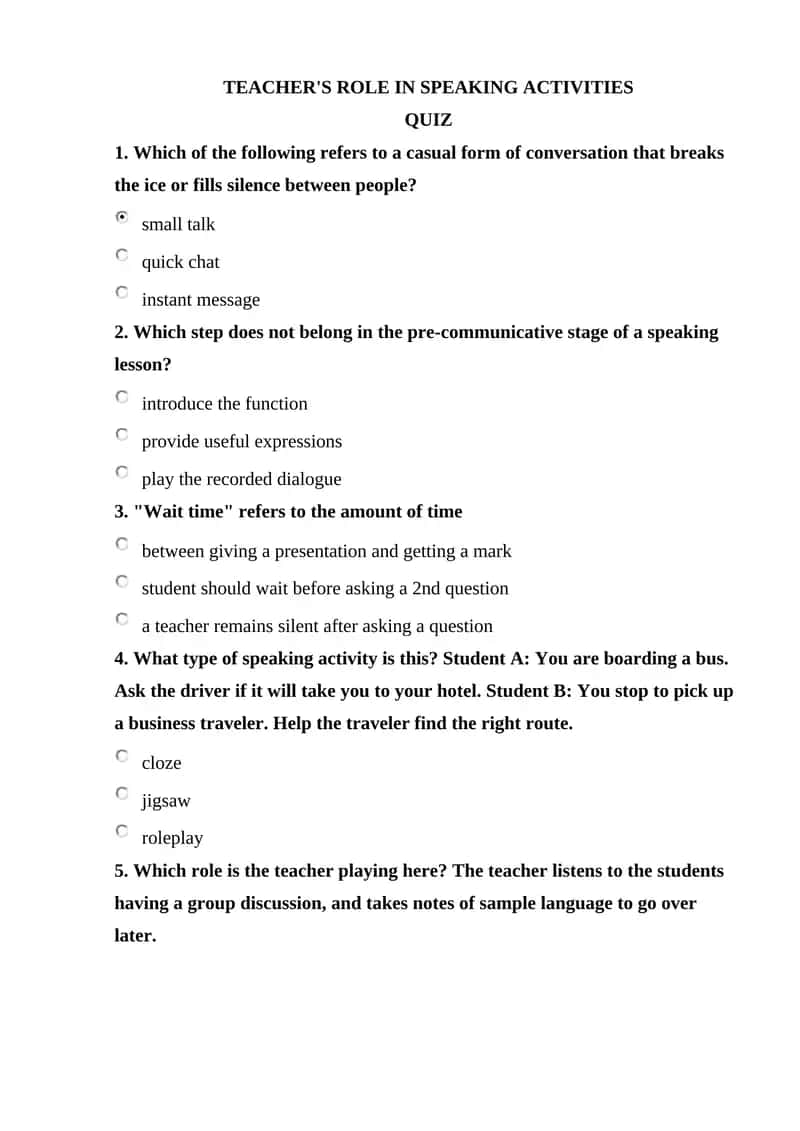 TEACHER'S ROLE IN SPEAKING ACTIVITIES