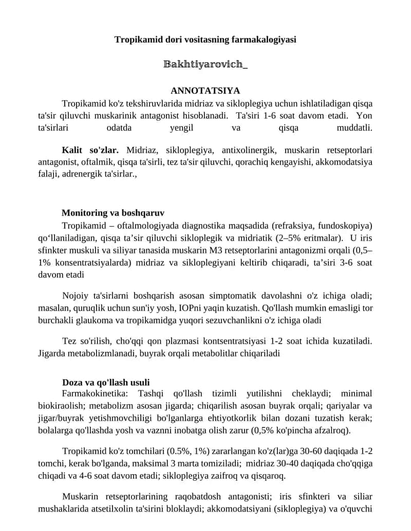 Tropikamid dori vositasning farmakalogiyasi