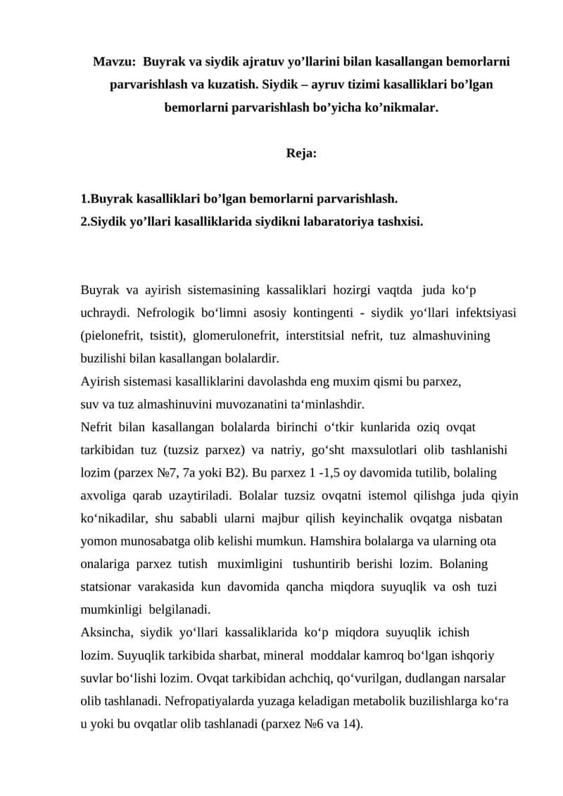 Buyrak va Siydik Ajratuv Yo’llarini Bilan Kasallangan Bemorlarni Parvarishlash