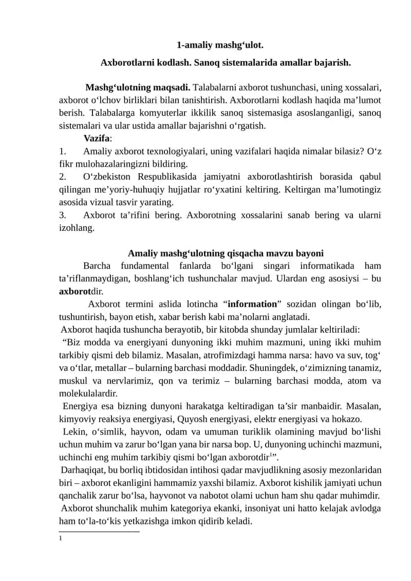 1-amaliy mashg‘ulot. Axborotlarni kodlash. Sanoq sistemalarida amallar bajarish.
