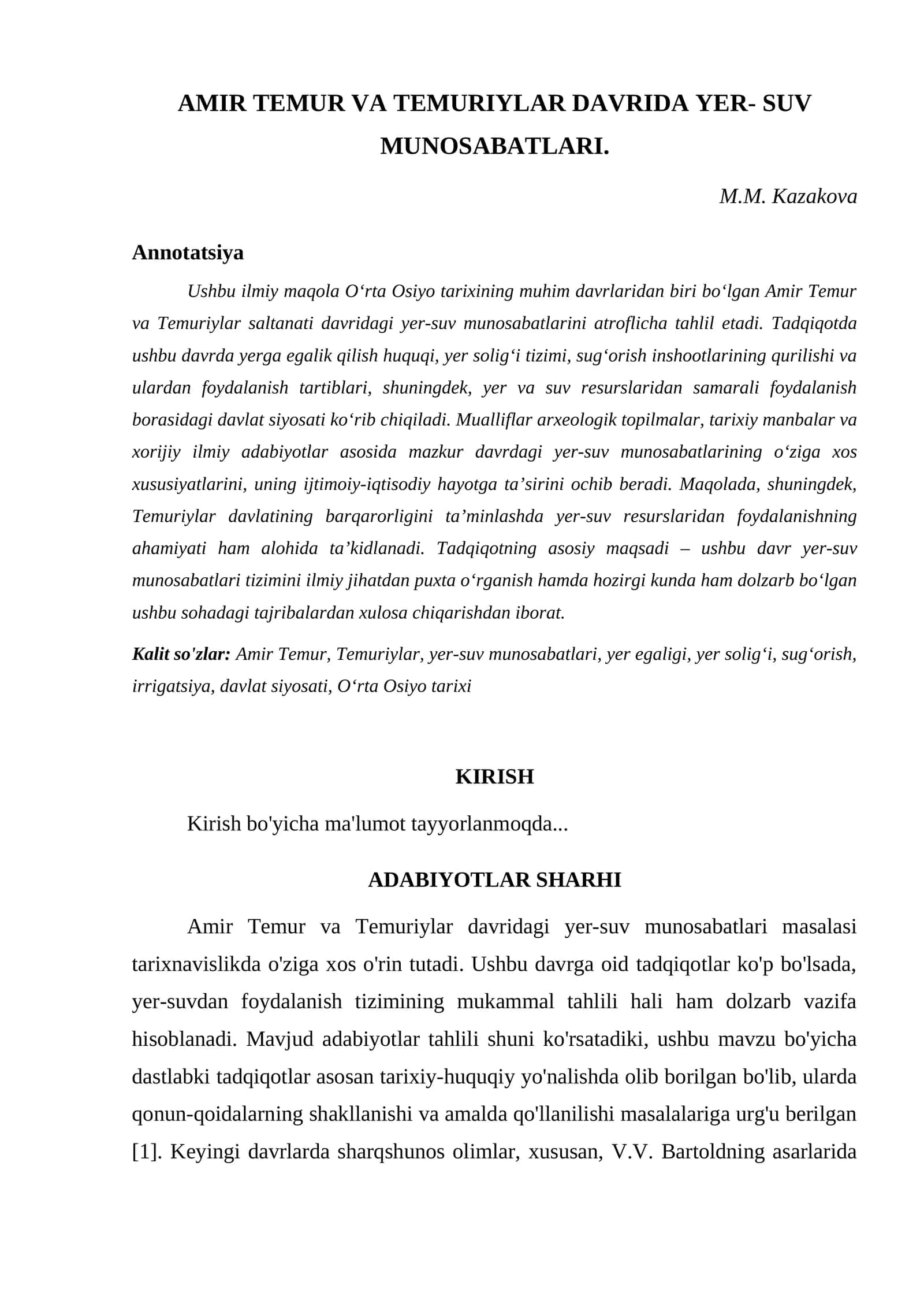 AMIR TEMUR VA TEMURIYLAR DAVRIDA YER- SUV MUNOSABATLARI
