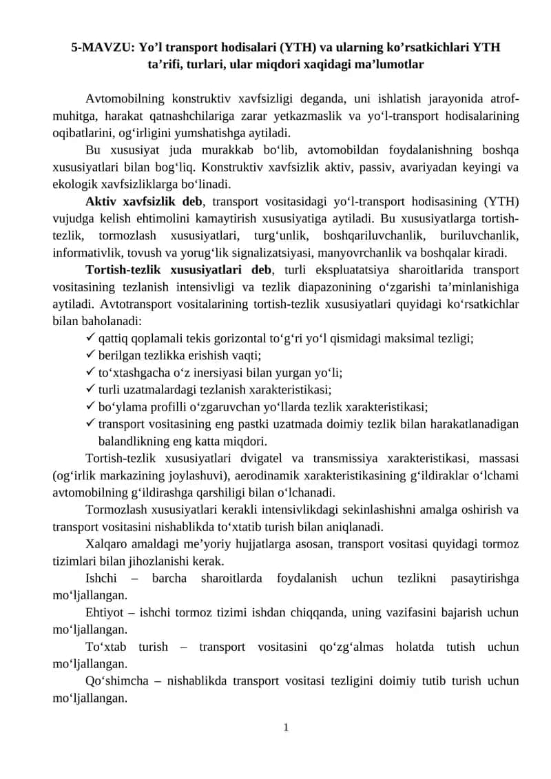 Yo’l transport hodisalari (YTH) va ularning ko’rsatkichlari