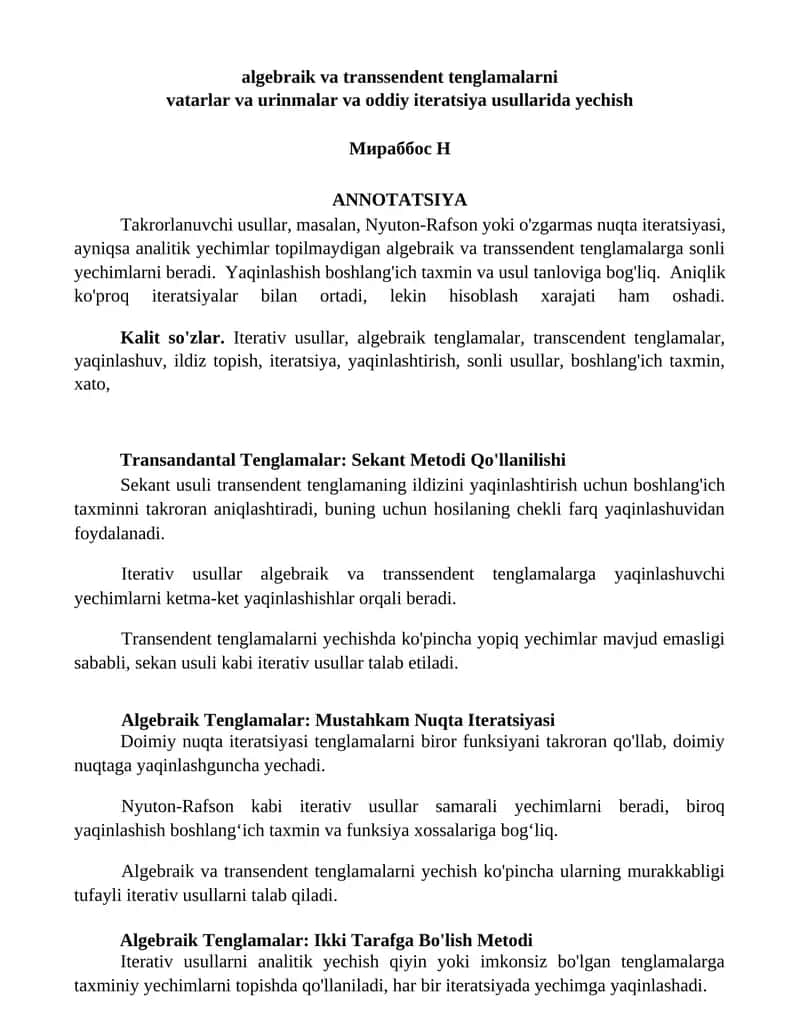 Transandantal Tenglamalar: Sekant Metodi Qo'llanilishi