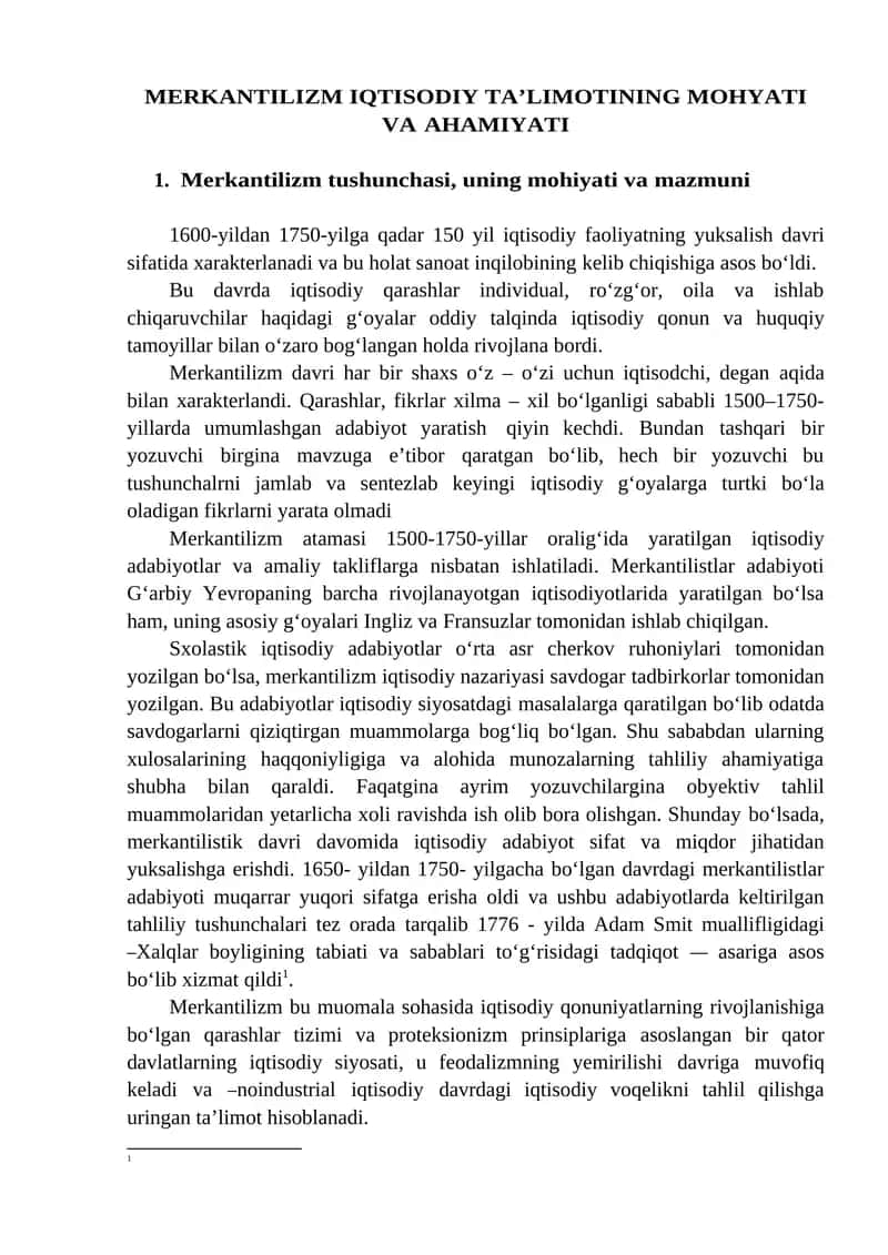 MERKANTILIZM IQTISODIY TA’LIMOTINING MOHYATI VA AHAMIYATI