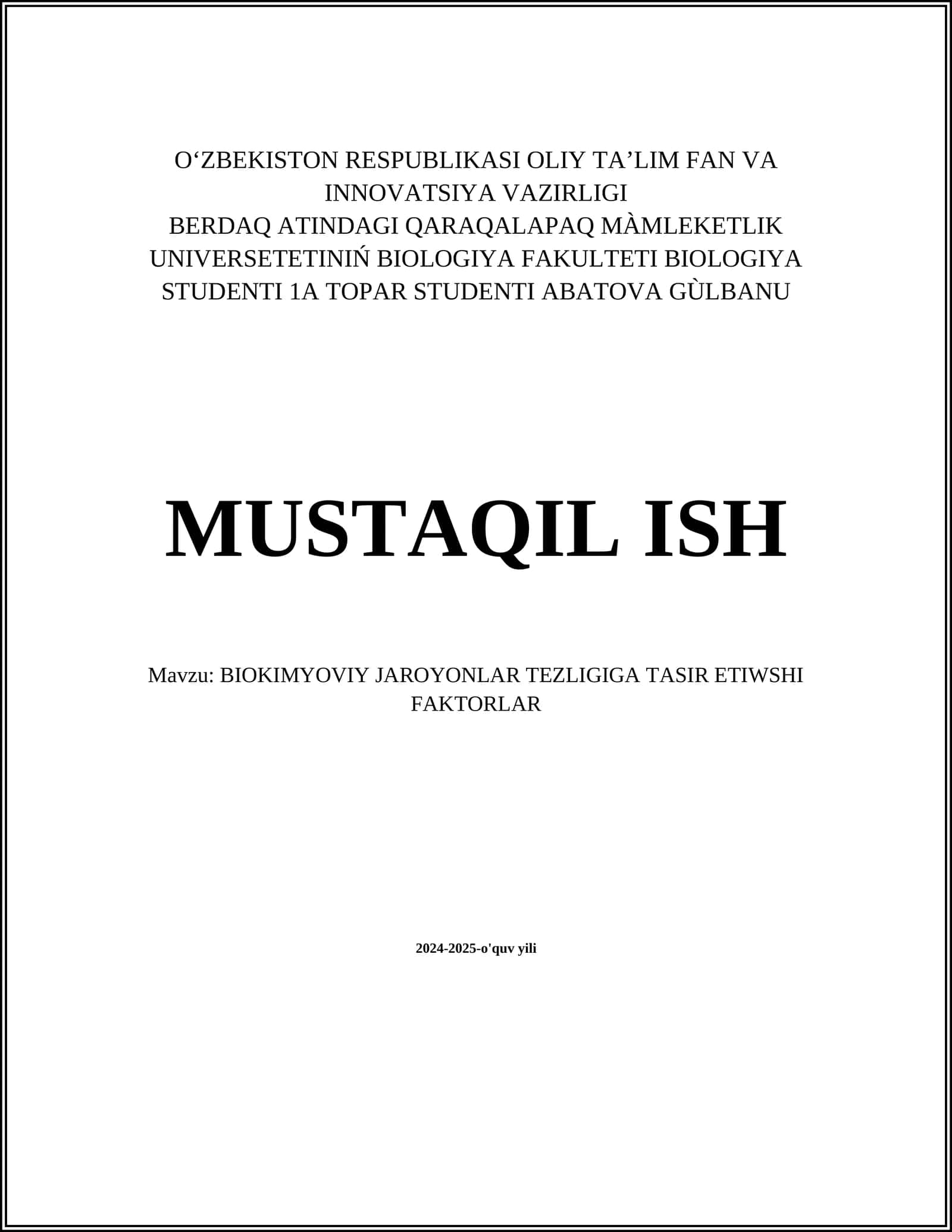BIOKIMYOVIY JAROYONLAR TEZLIGIGA TASIR ETIWSHI FAKTORLAR