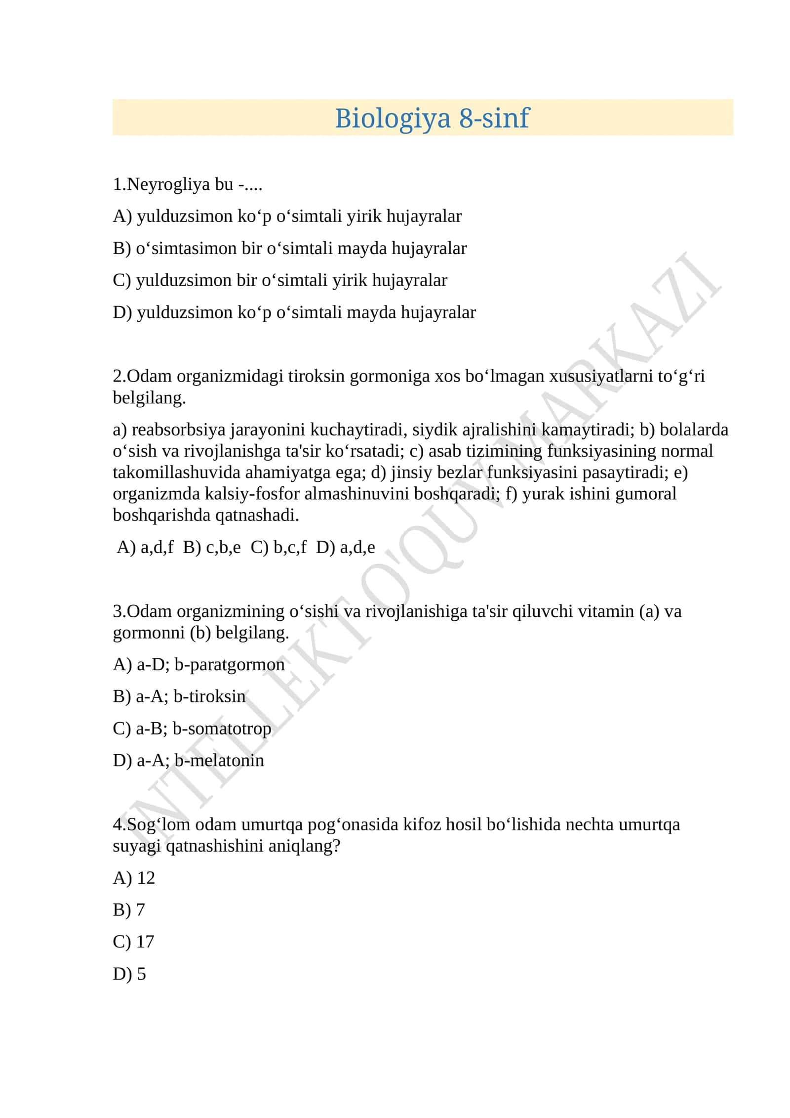 Biologiya 8-sinf umumiy. Milliy sertifikat darajasida