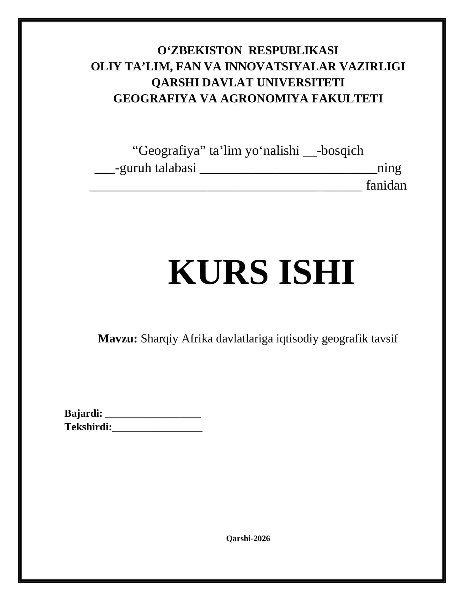 Sharqiy Afrika davlatlariga iqtisodiy geografik tavsif