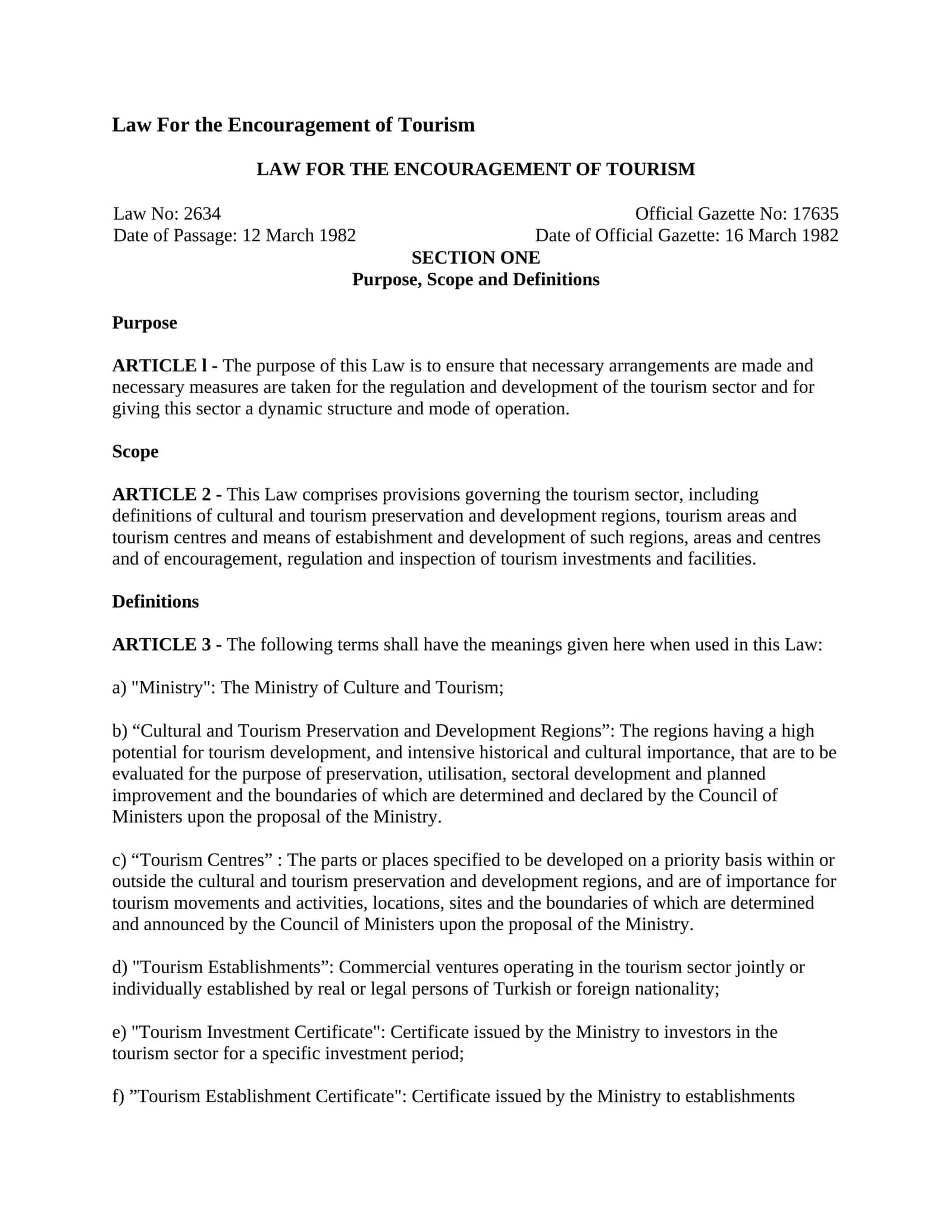 LAW FOR THE ENCOURAGEMENT OF TOURISM