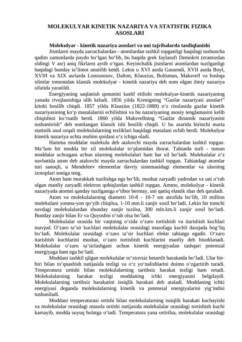 MOLEKULYAR KINETIK NAZARIYA VA STATISTIK FIZIKA ASOSLARI