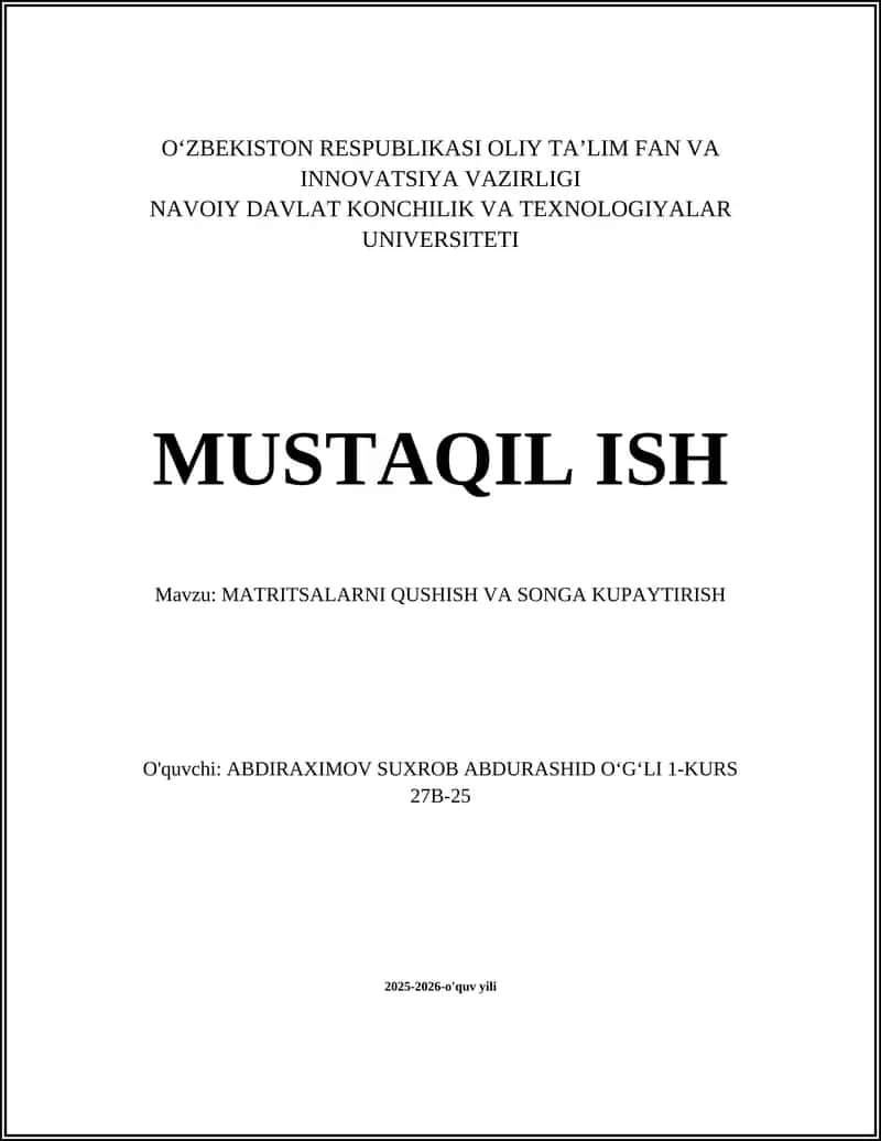 MATRITSALARNI QUSHISH VA SONGA KUPAYTIRISH
