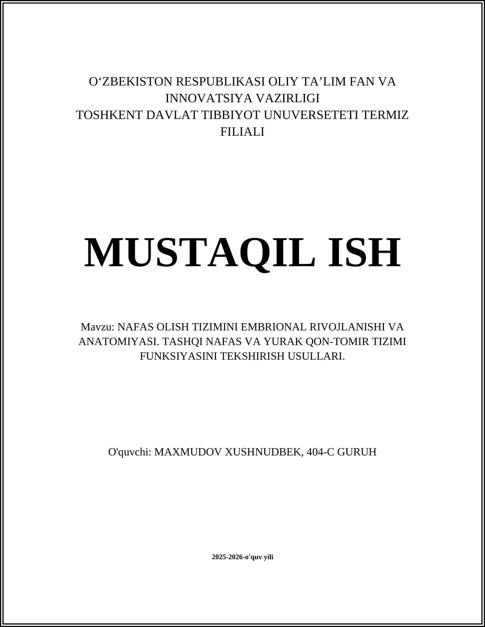 NAFAS OLISH TIZIMINI EMBRIONAL RIVOJLANISHI VA ANATOMIYASI