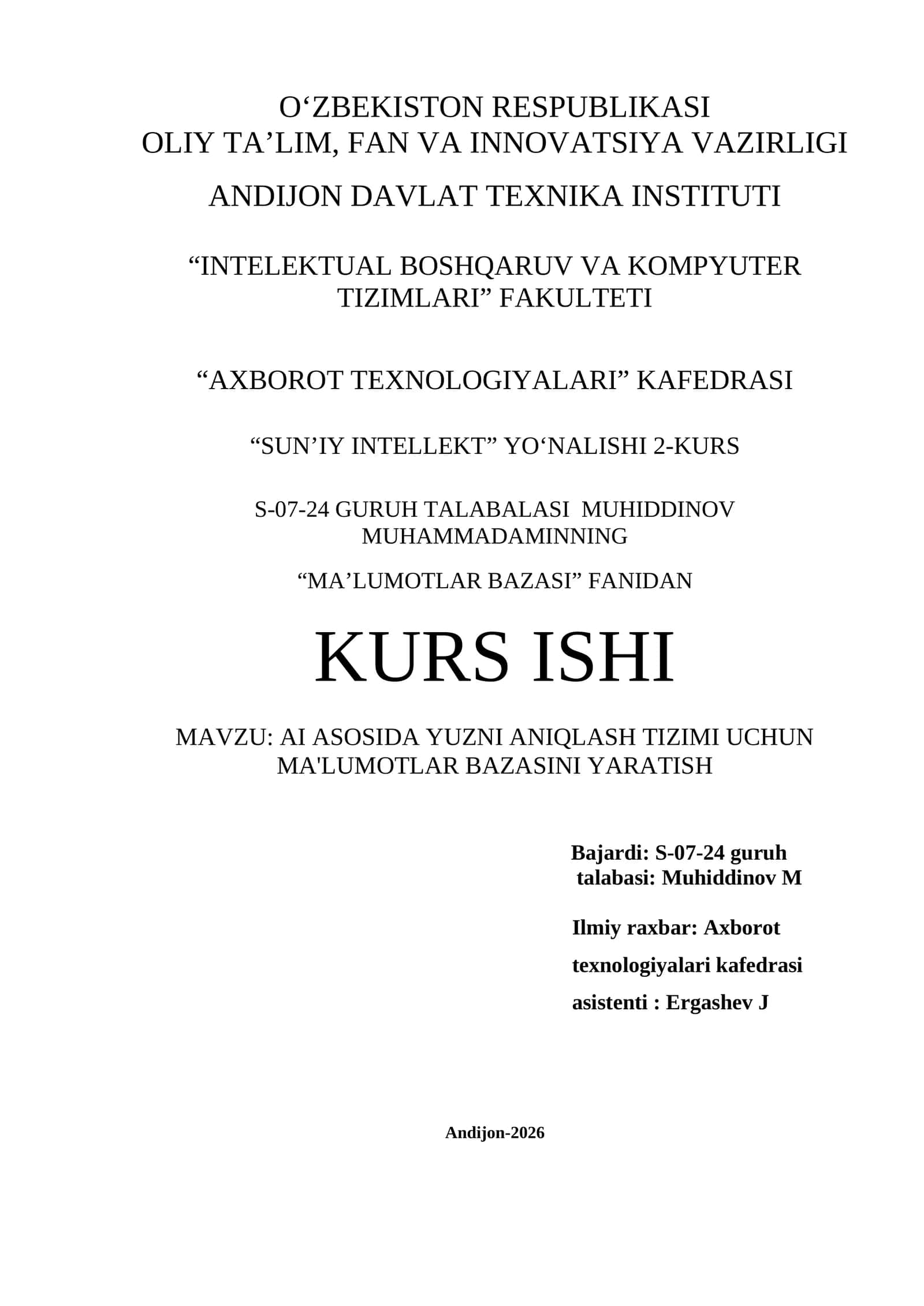 AI ASOSIDA YUZNI ANIQLASH TIZIMI UCHUN MA'LUMOTLAR BAZASINI YARATISH