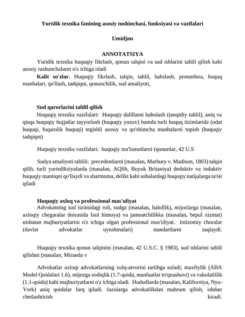 Yuridik texnika fanining asosiy tushinchasi, funksiyasi va vazifalari