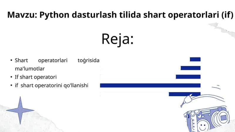 Python dasturlash tilida shart operatorlari (if)