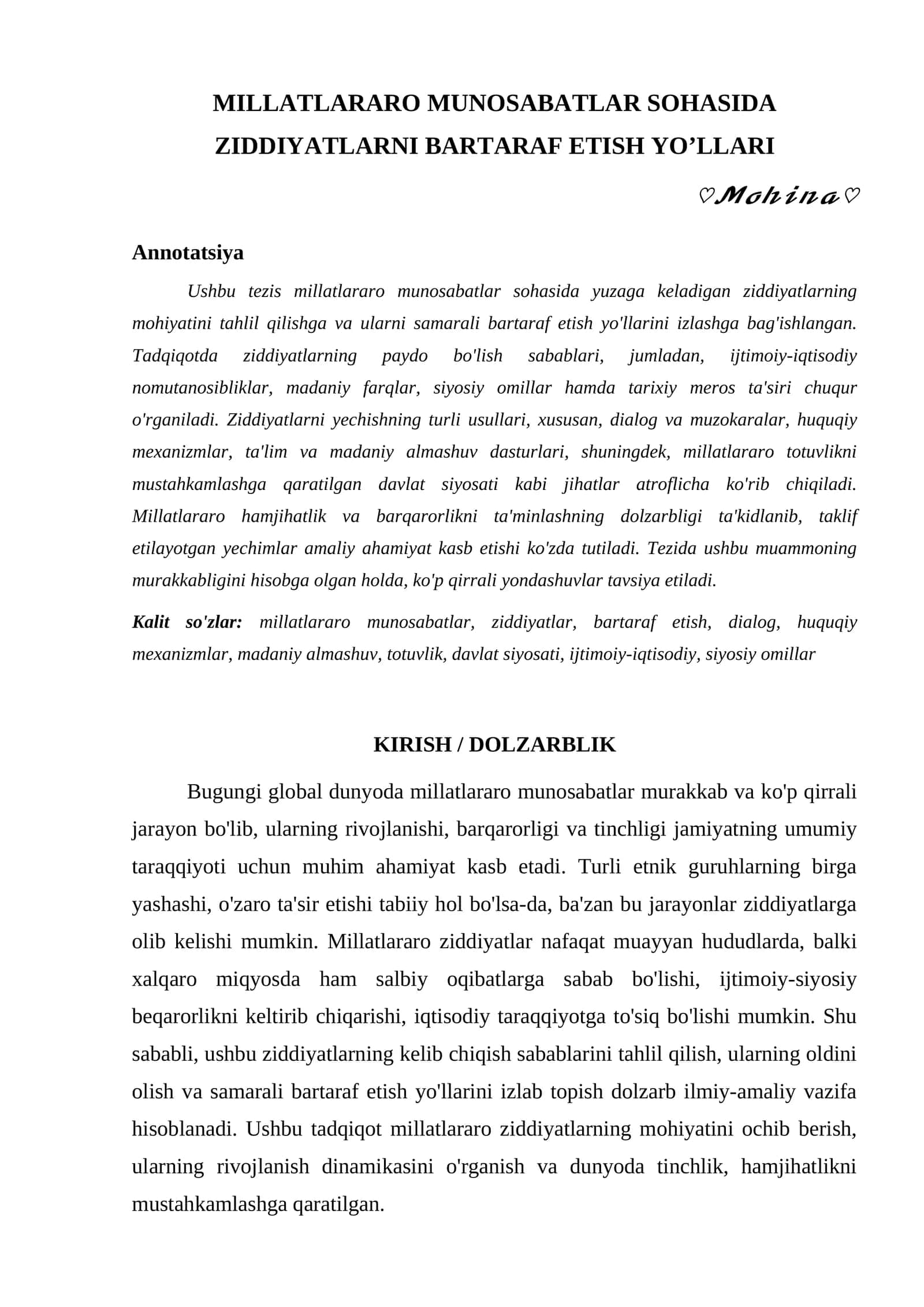 MILLATLARARO MUNOSABATLAR SOHASIDA ZIDDIYATLARNI BARTARAF ETISH YOʼLLARI