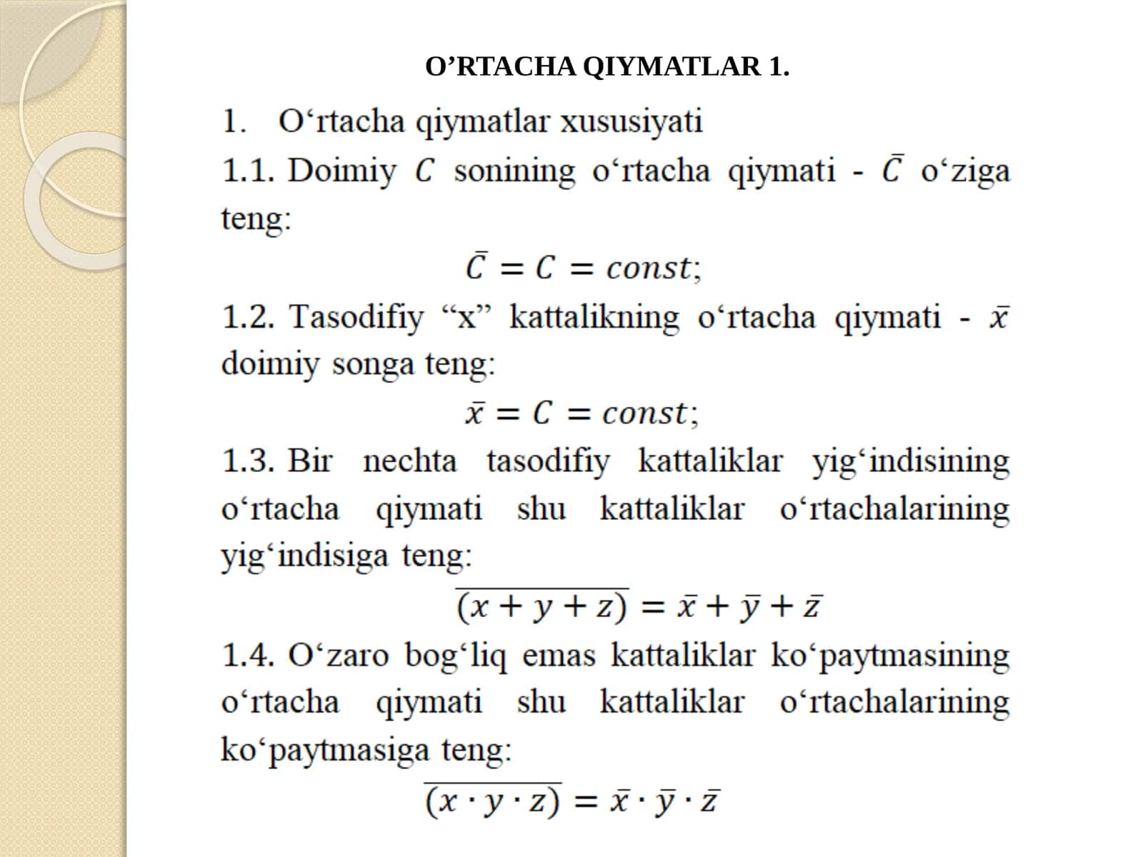 O’RTACHA QIYMATLAR