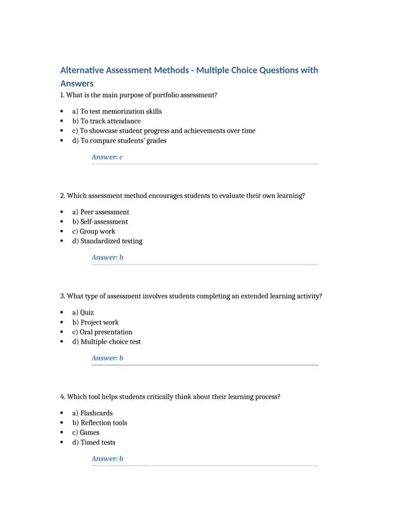 Alternative Assessment Methods - Multiple Choice Questions with Answers