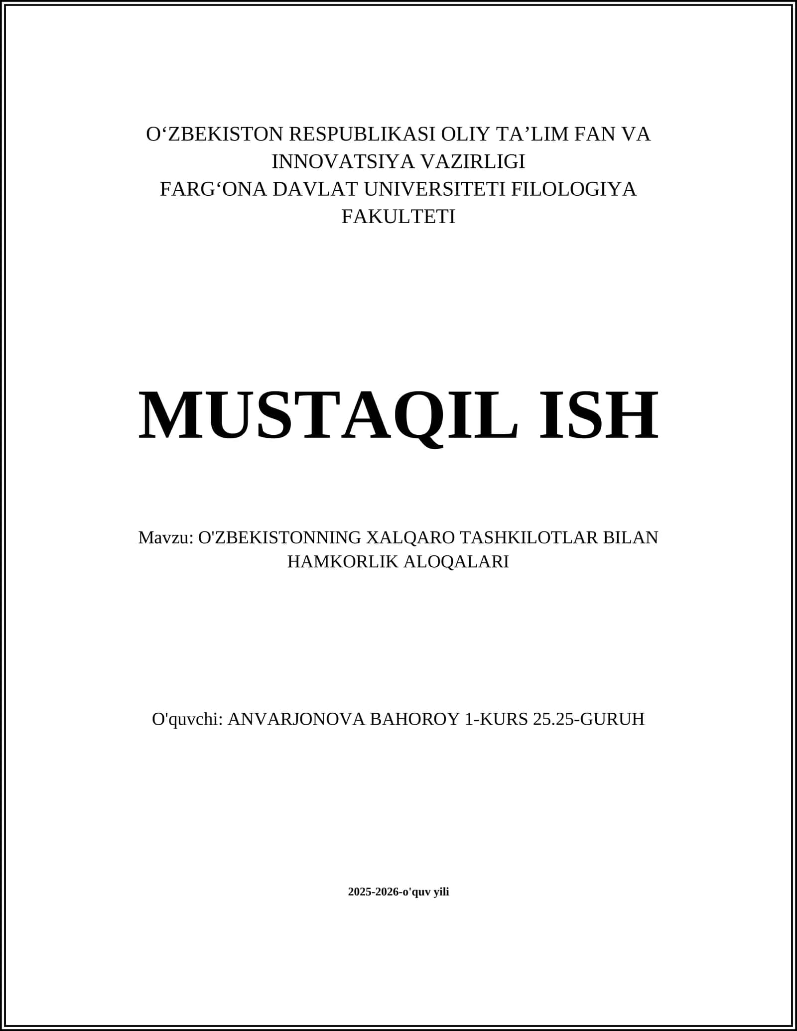 O'ZBEKISTONNING XALQARO TASHKILOTLAR BILAN HAMKORLIK ALOQALARI
